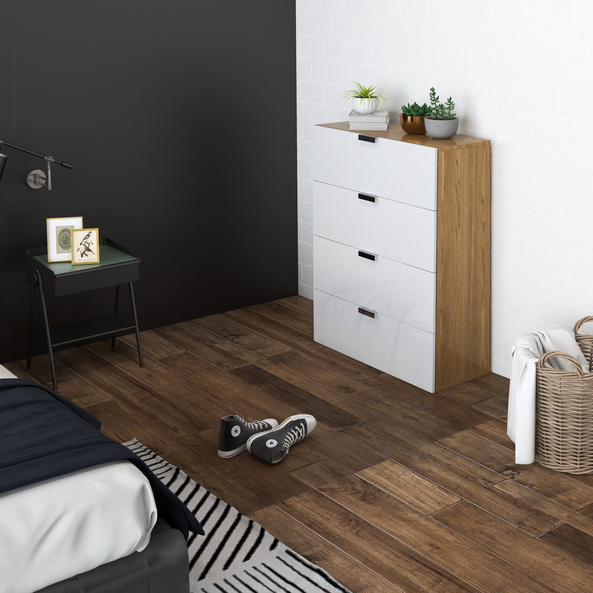 Cómoda Moderna 4 Gavetas Branco e Madeira 70x35x92 cm