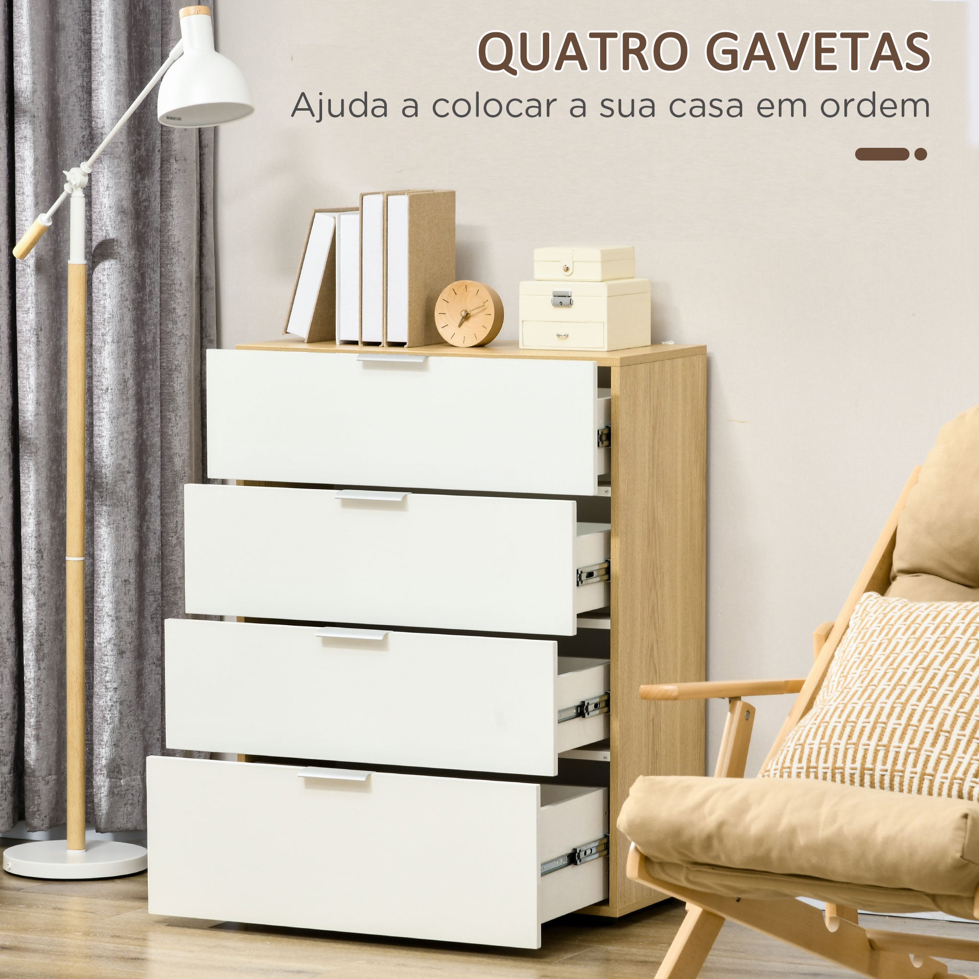 Cómoda Moderna 4 Gavetas Branco e Madeira 70x35x92 cm