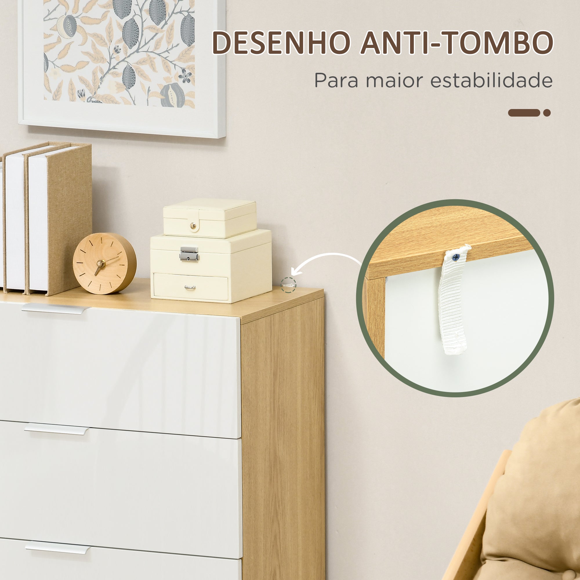 Cómoda Moderna 4 Gavetas Branco e Madeira 70x35x92 cm