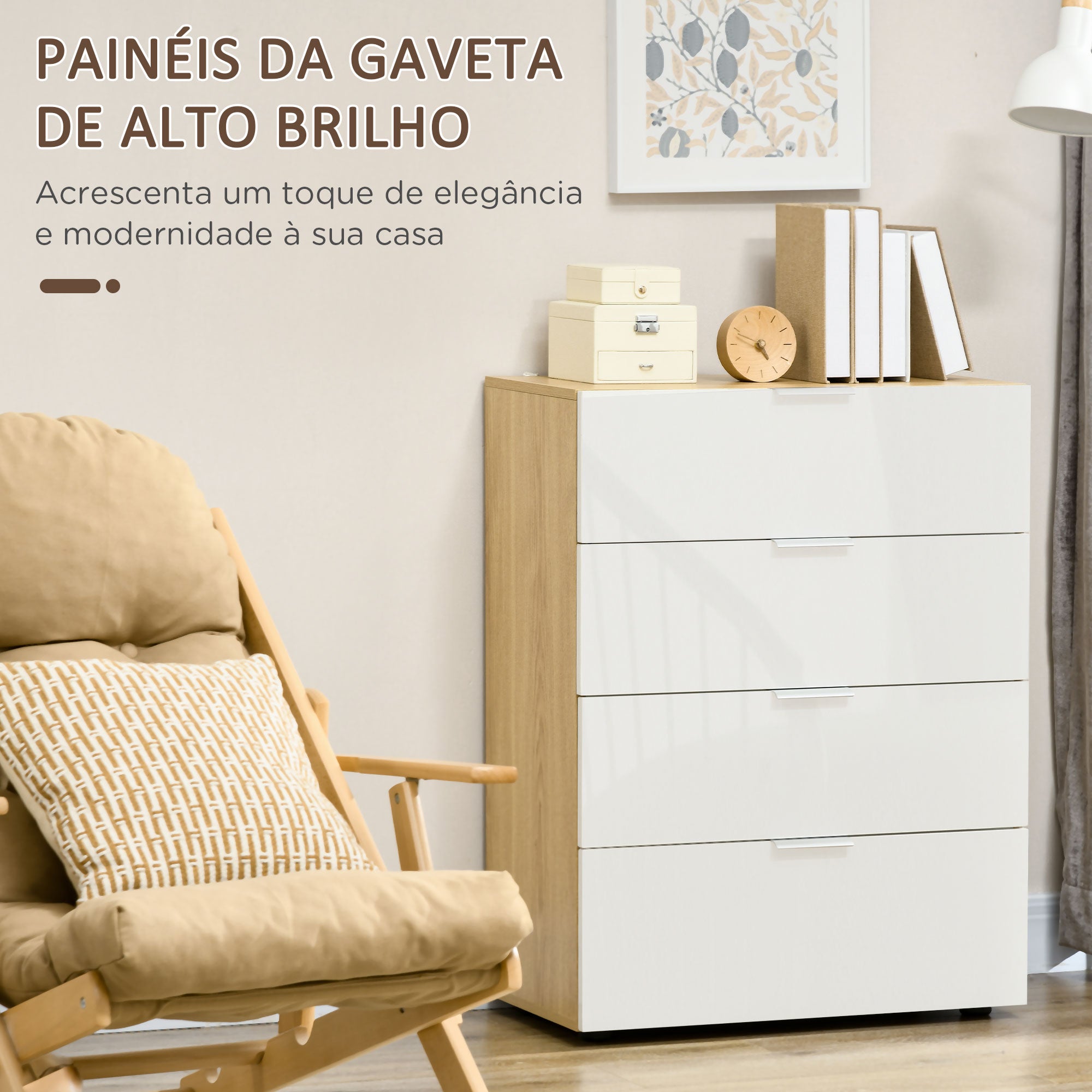 Cómoda Moderna 4 Gavetas Branco e Madeira 70x35x92 cm