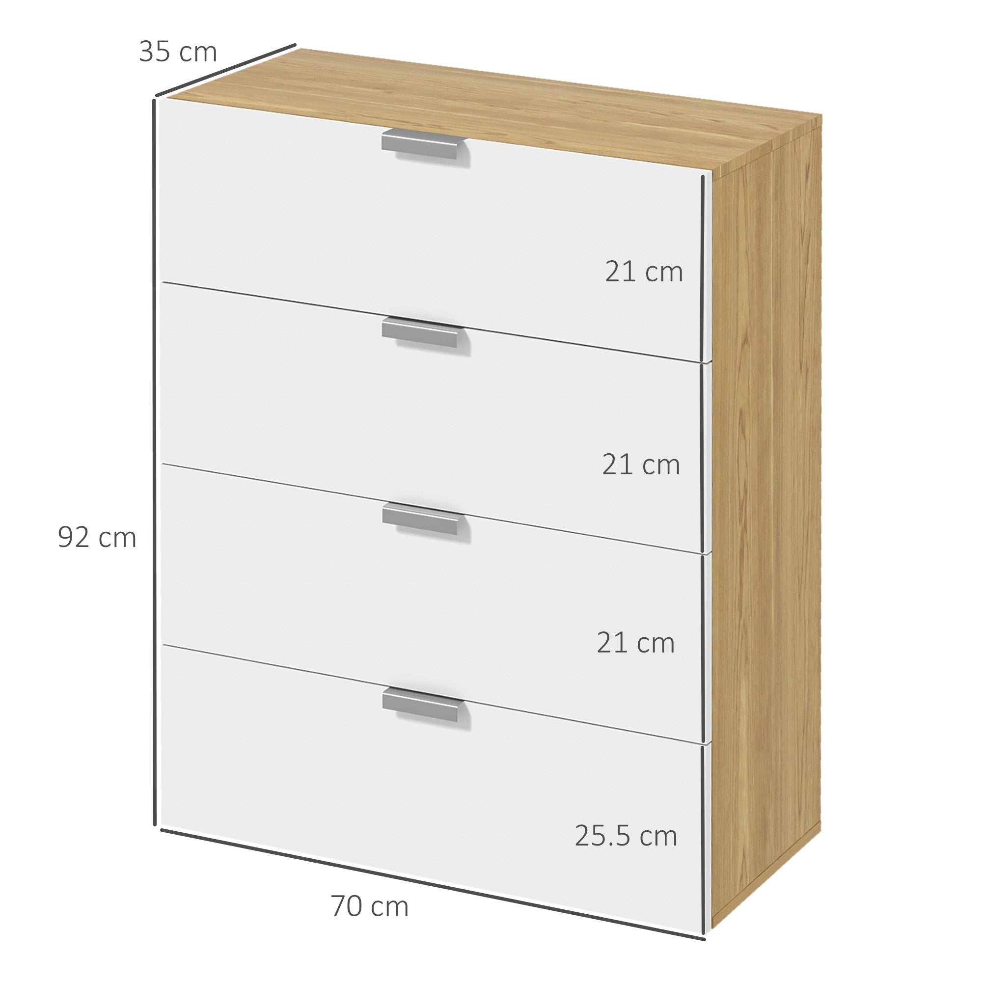 Cómoda Moderna 4 Gavetas Branco e Madeira 70x35x92 cm