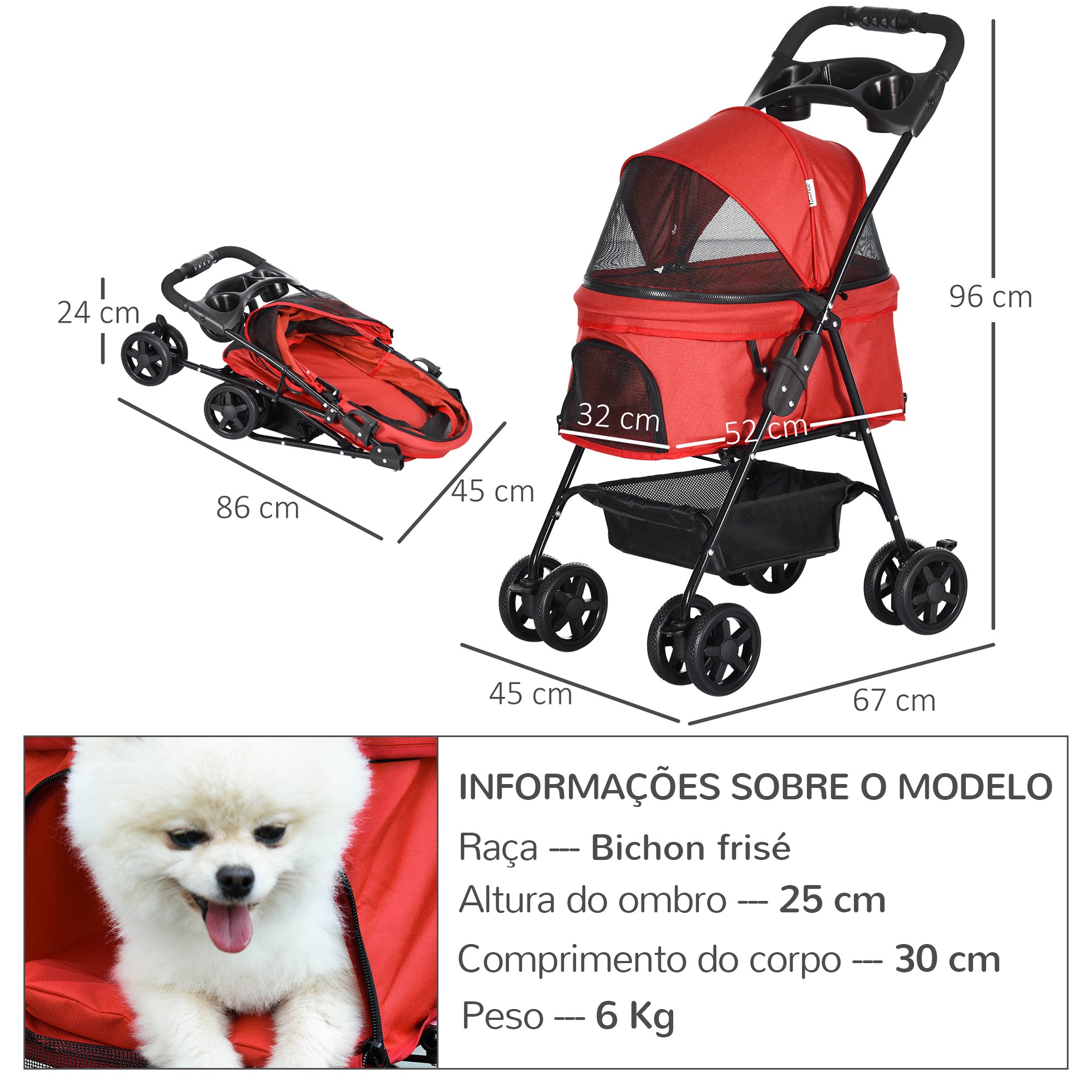 Carrinho para Animais de Estimação Dobrável 67x45x96 cm - Vermelho