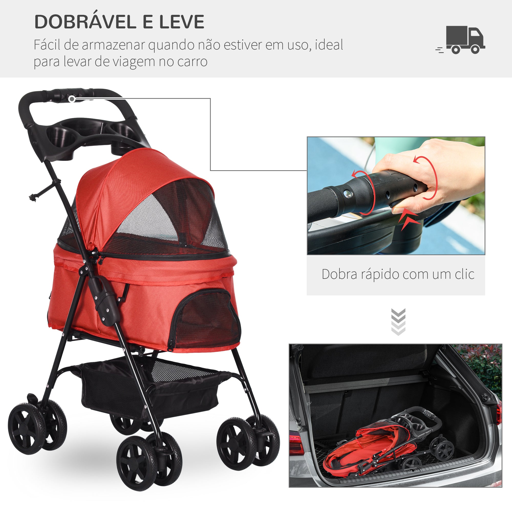 Carrinho para Animais de Estimação Dobrável 67x45x96 cm - Vermelho