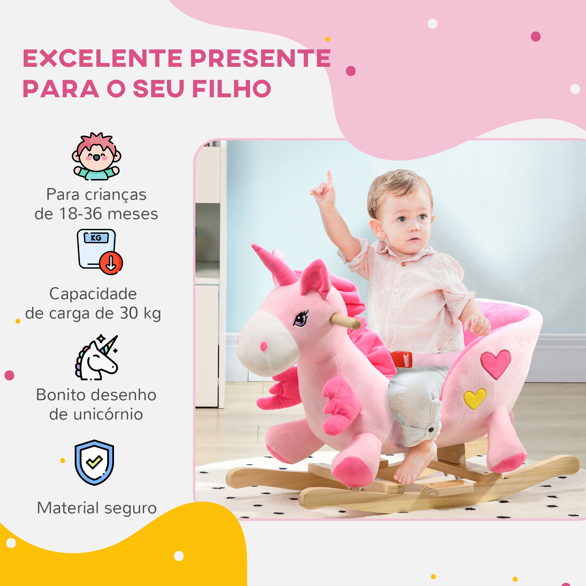 Baloiço Unicornio para Bebés – 65x35x45 cm – Rosa – Metal, Madeira de Choupo, Poliéster, Algodão PP