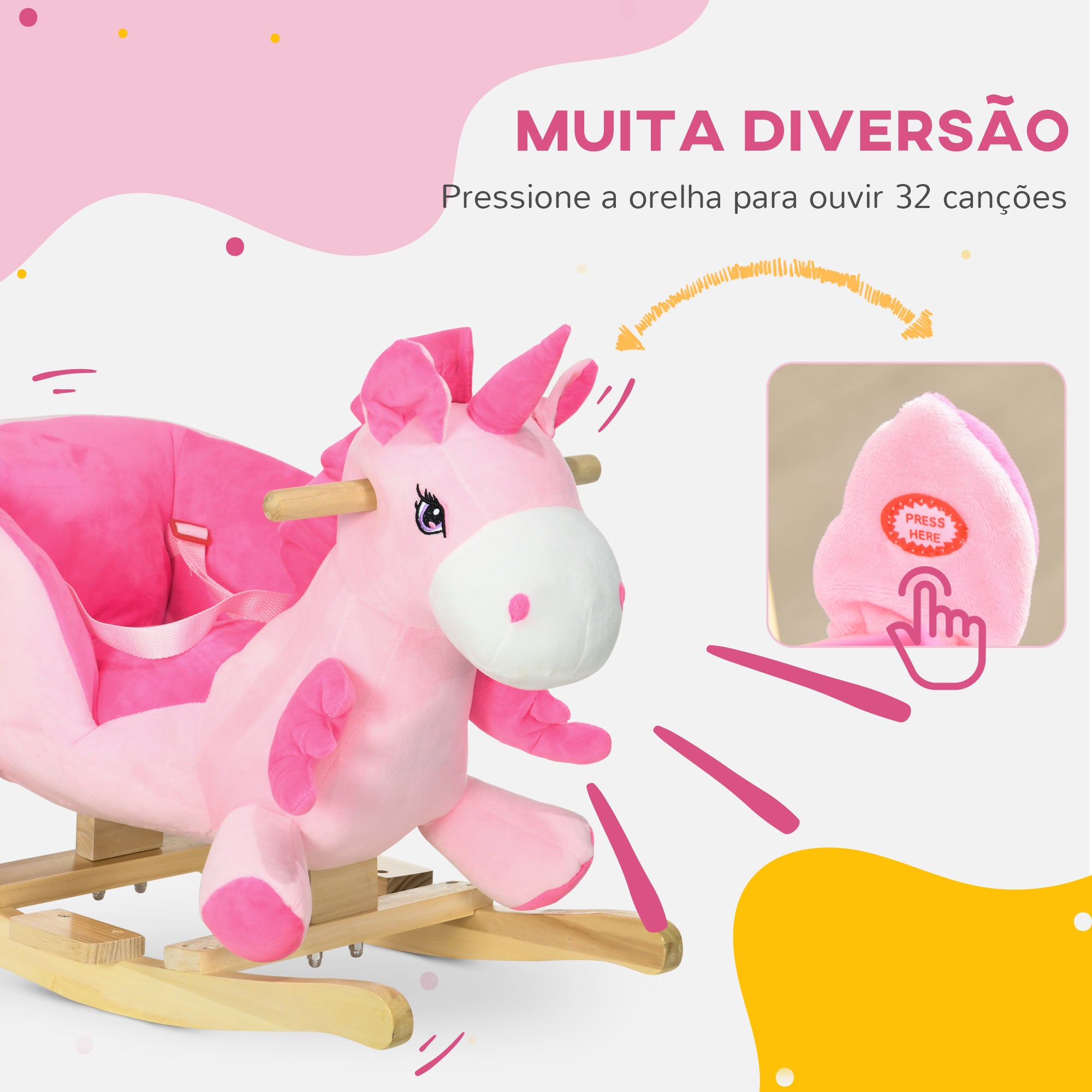 Baloiço Unicornio para Bebés – 65x35x45 cm – Rosa – Metal, Madeira de Choupo, Poliéster, Algodão PP