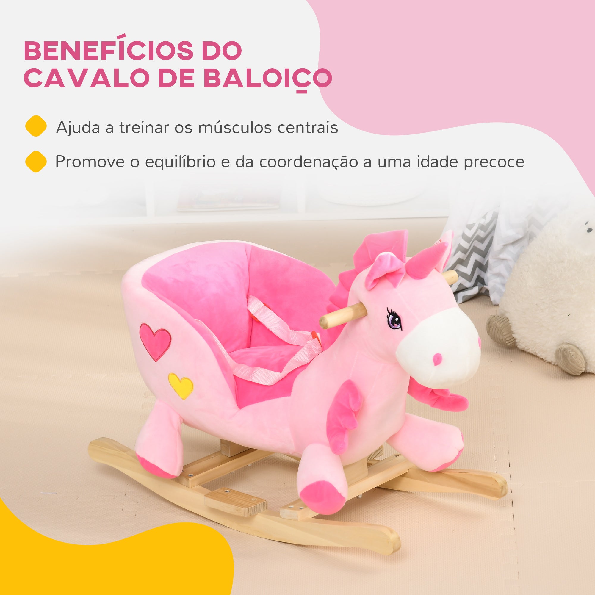 Baloiço Unicornio para Bebés – 65x35x45 cm – Rosa – Metal, Madeira de Choupo, Poliéster, Algodão PP