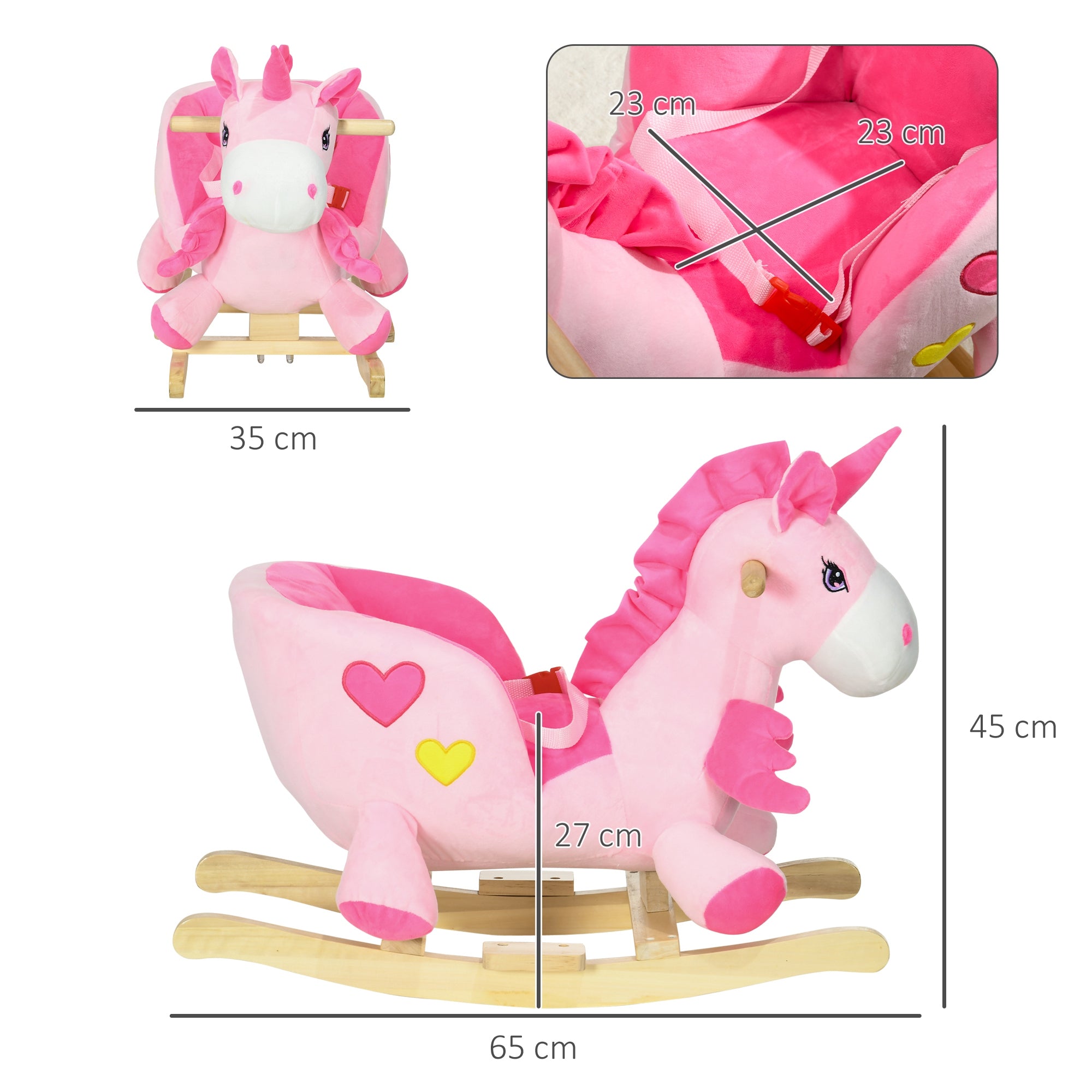 Baloiço Unicornio para Bebés – 65x35x45 cm – Rosa – Metal, Madeira de Choupo, Poliéster, Algodão PP