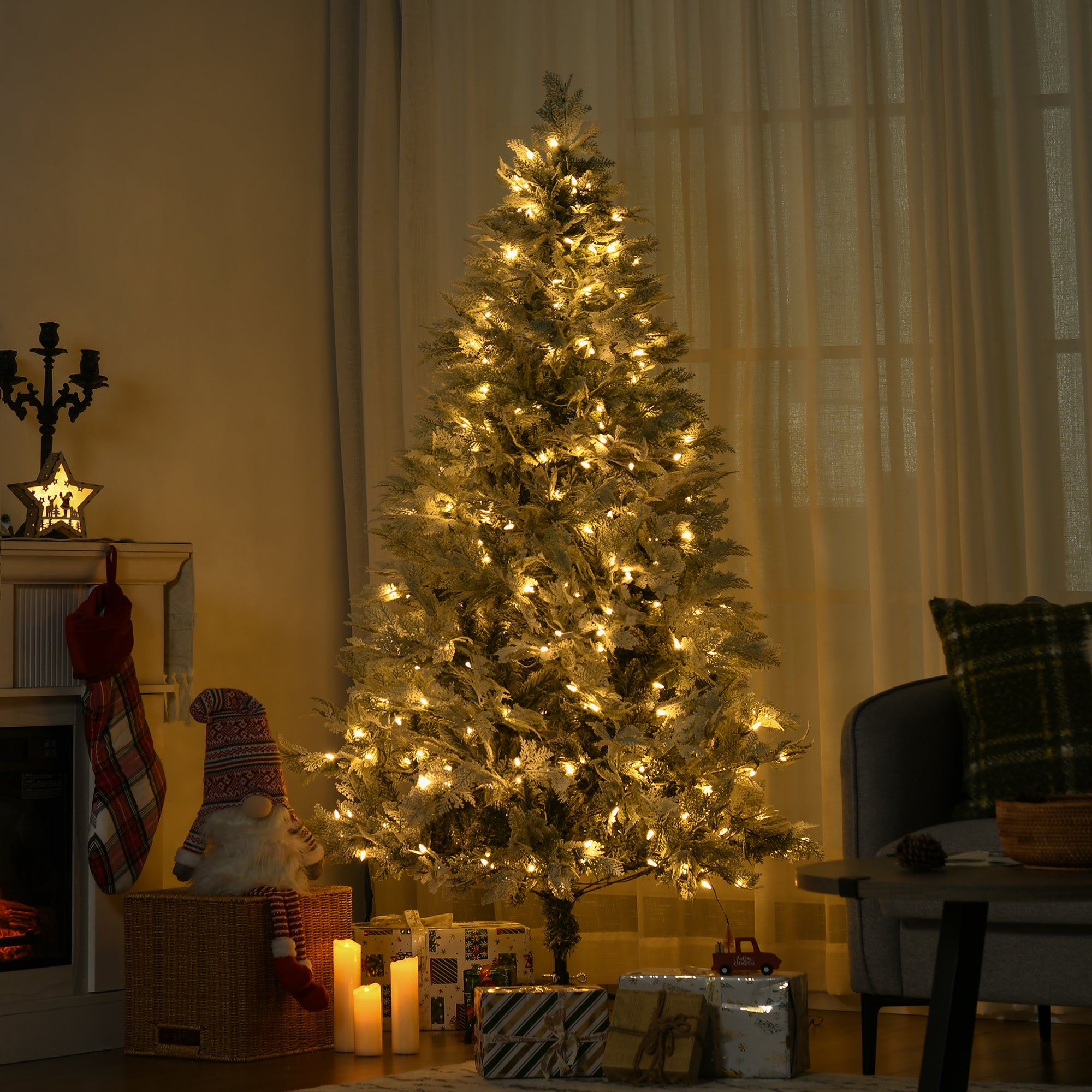 Árvore de Natal Artificial 180 cm Ø105x180 cm Verde e Branco com 300 Luzes LED Brancas Quente