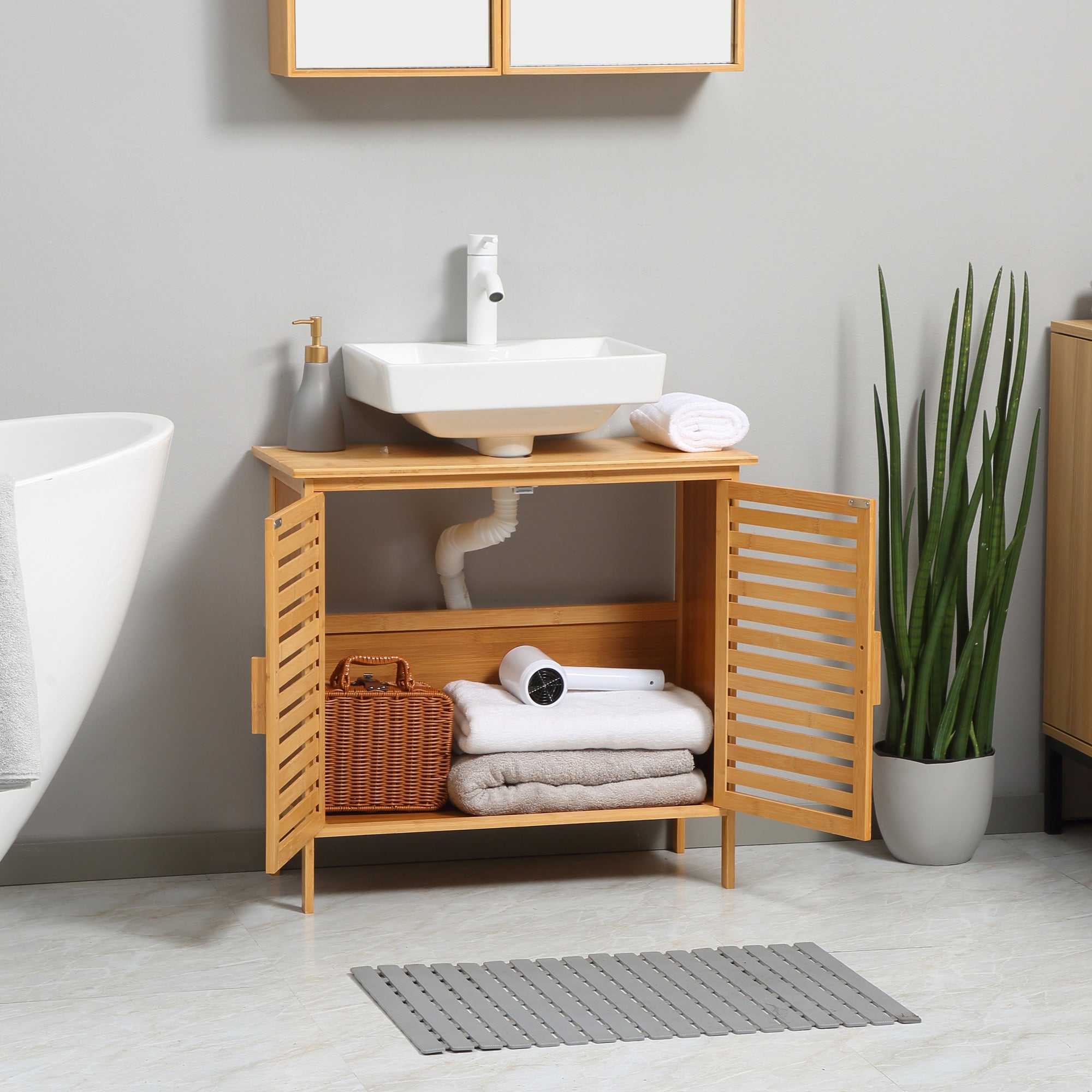 Móvel para Lavatório de Bambu Cor de Madeira Natural 66x29x61,5cm