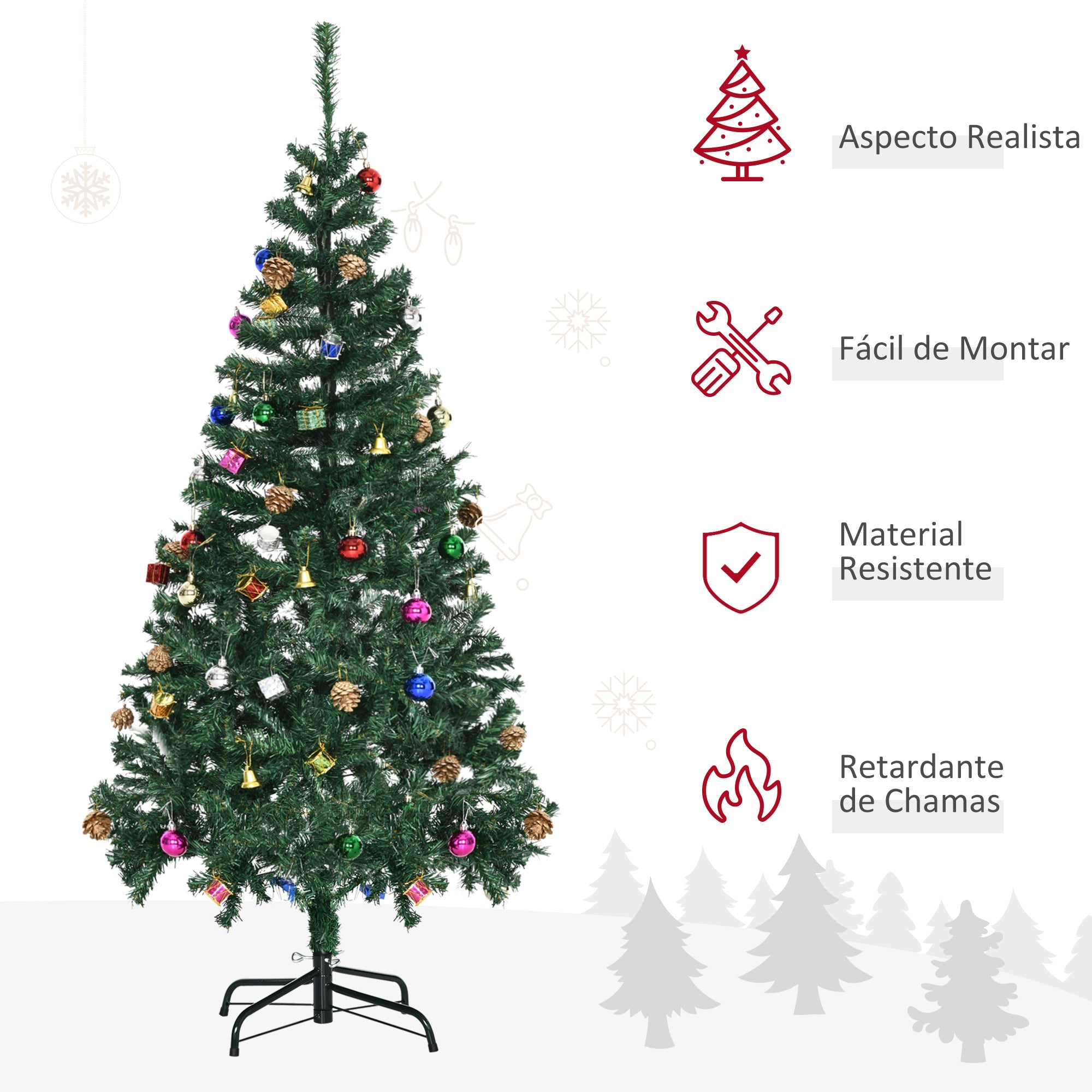 Árvore de Natal Artificial 150cm Verde com 420 Ramos e Decorações