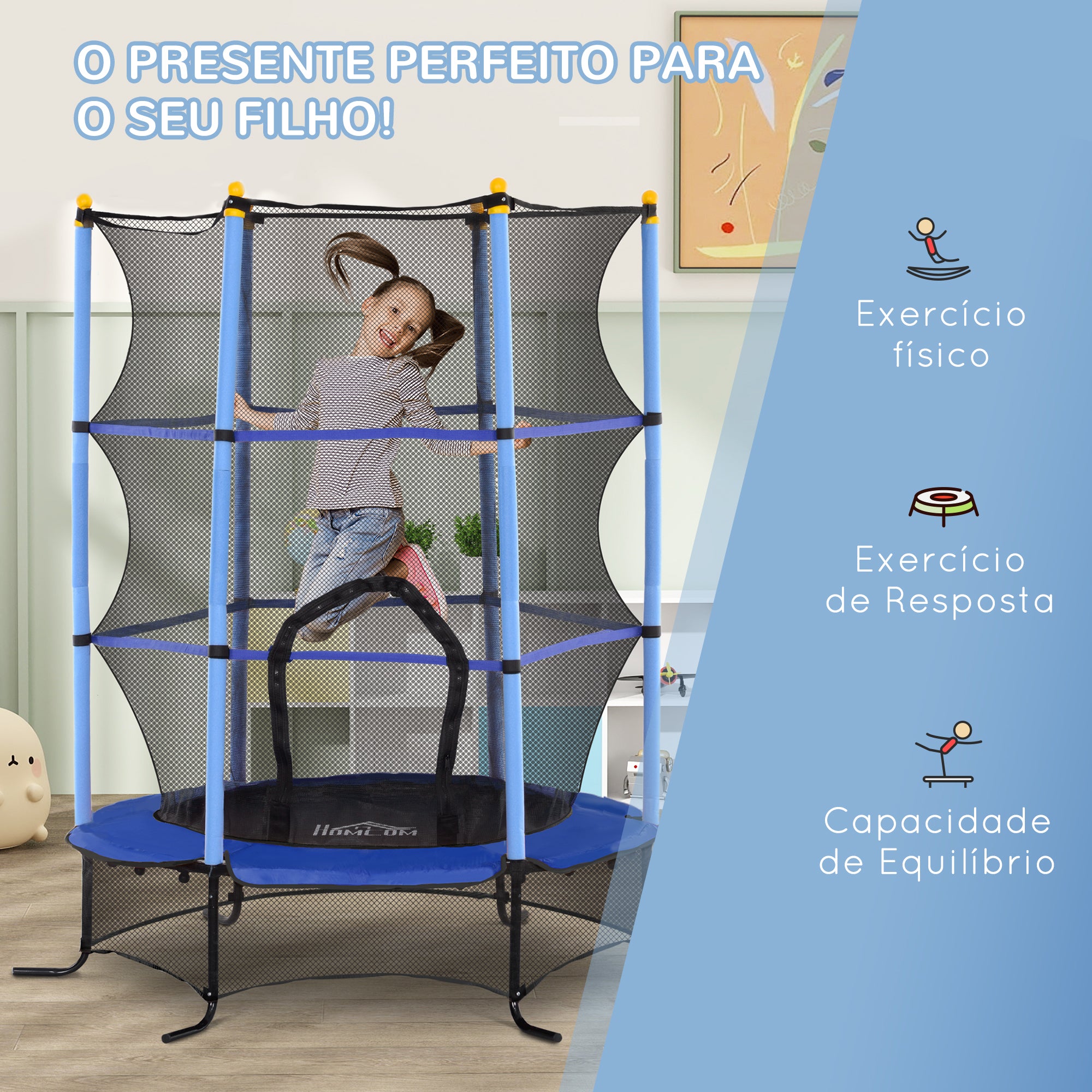 Trampolim Infantil Ø163x190 cm Azul para Crianças acima de 3 Anos