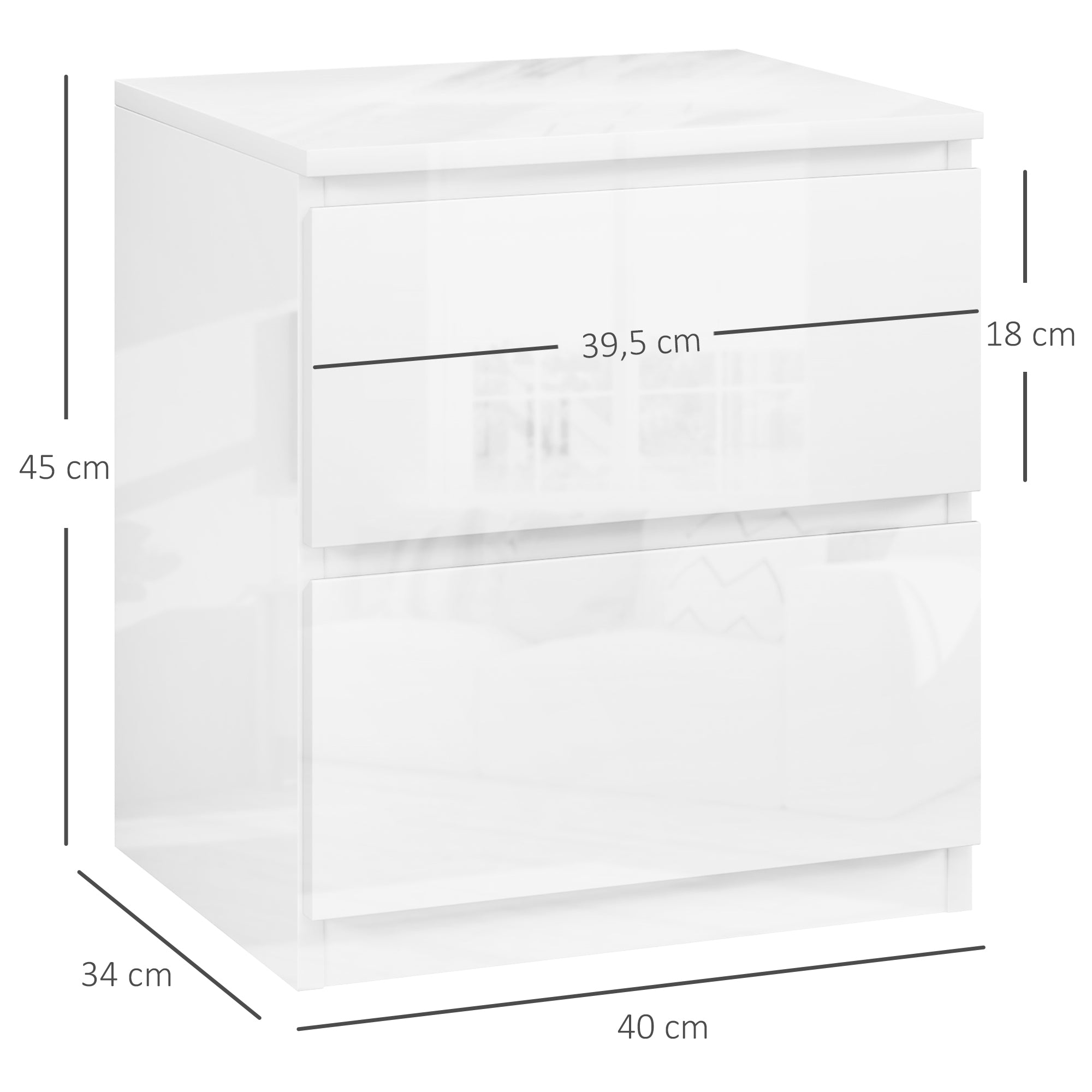 Mesa de Cabeceira Moderna com 2 Gavetas 40x34x45 cm - Branco de Alto Brilho