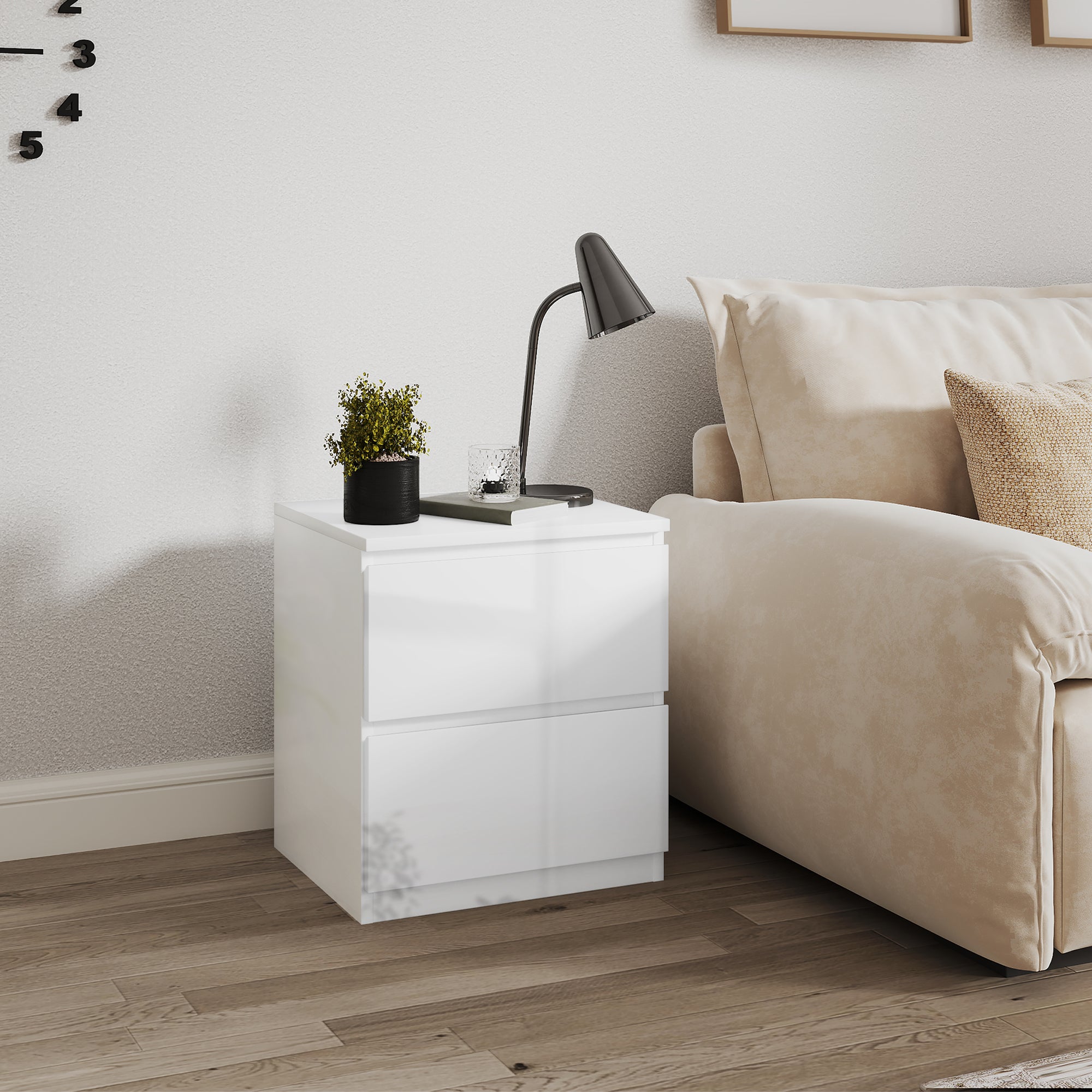 Mesa de Cabeceira Moderna com 2 Gavetas 40x34x45 cm - Branco de Alto Brilho