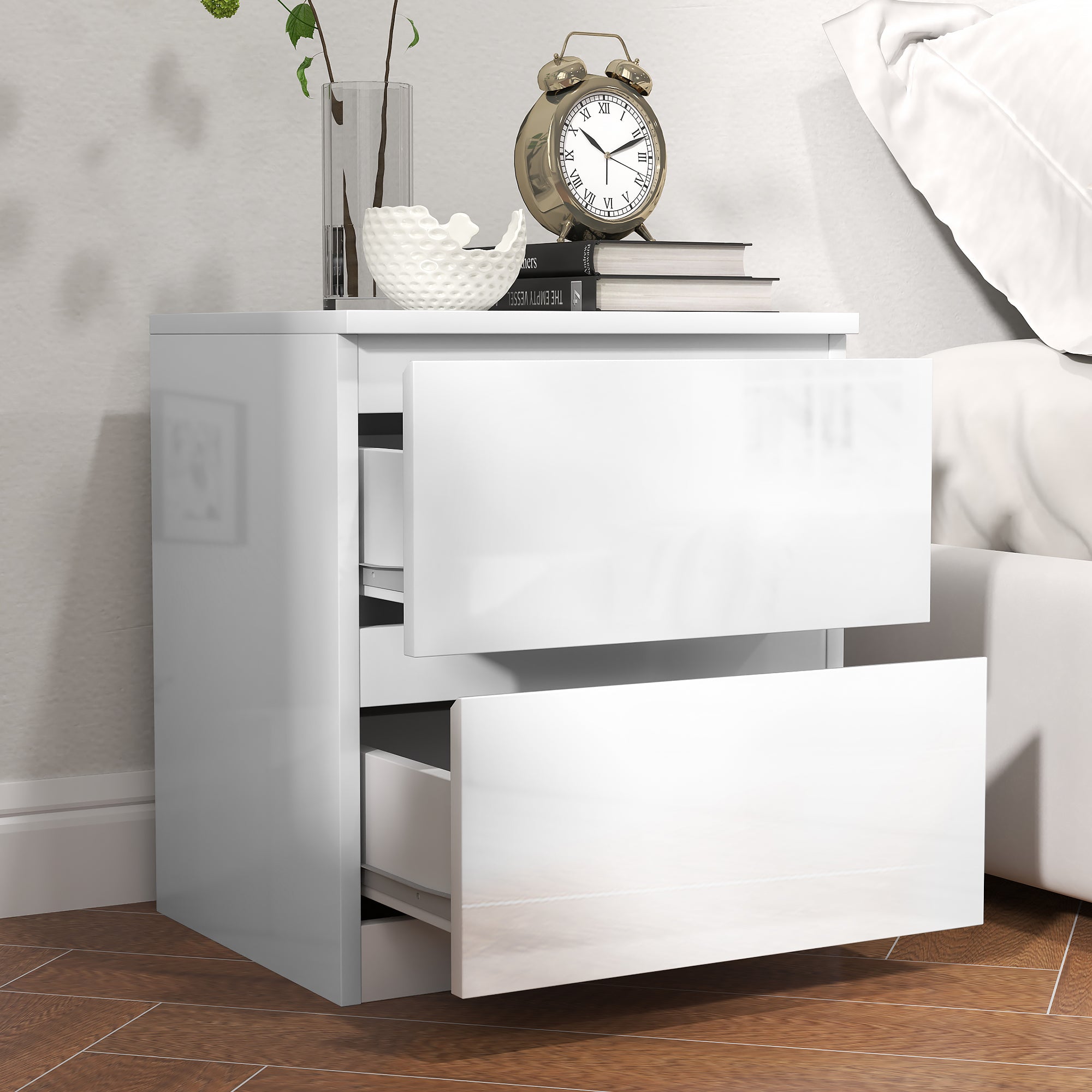 Mesa de Cabeceira Moderna com 2 Gavetas 40x34x45 cm - Branco de Alto Brilho