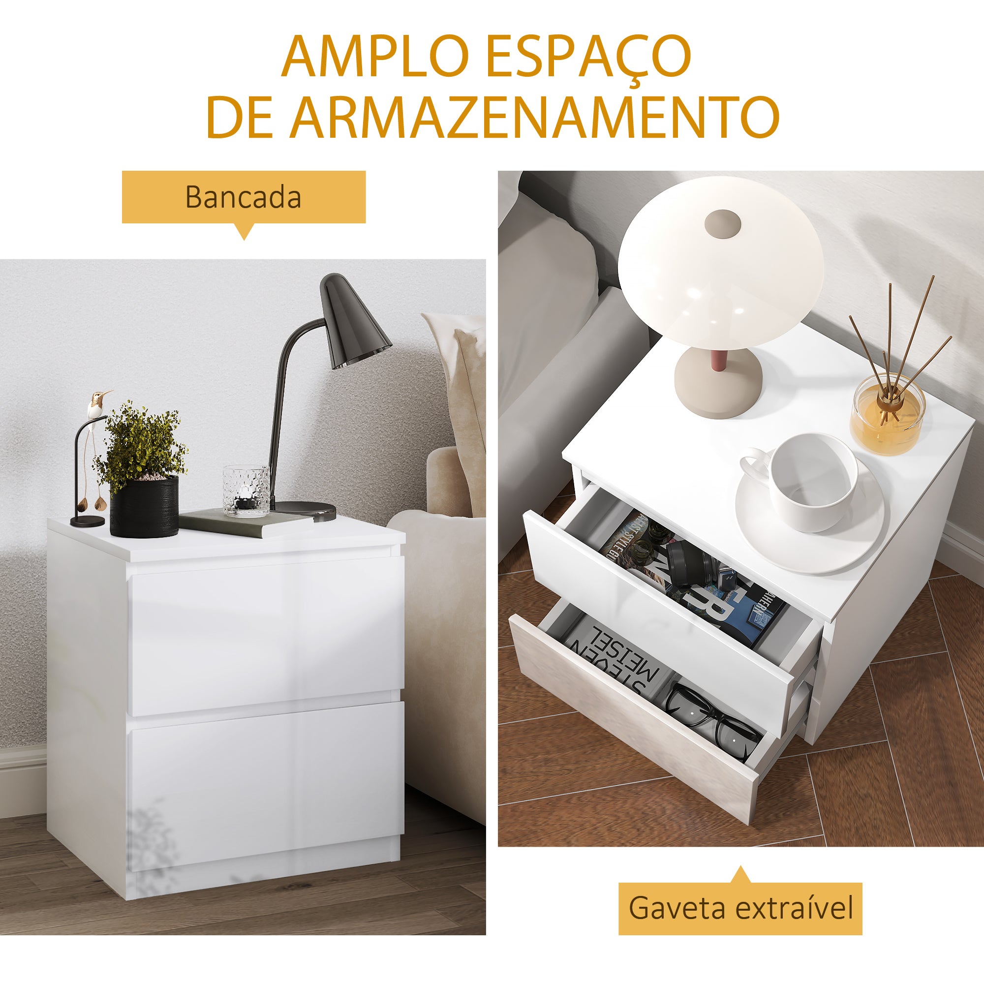Mesa de Cabeceira Moderna com 2 Gavetas 40x34x45 cm - Branco de Alto Brilho