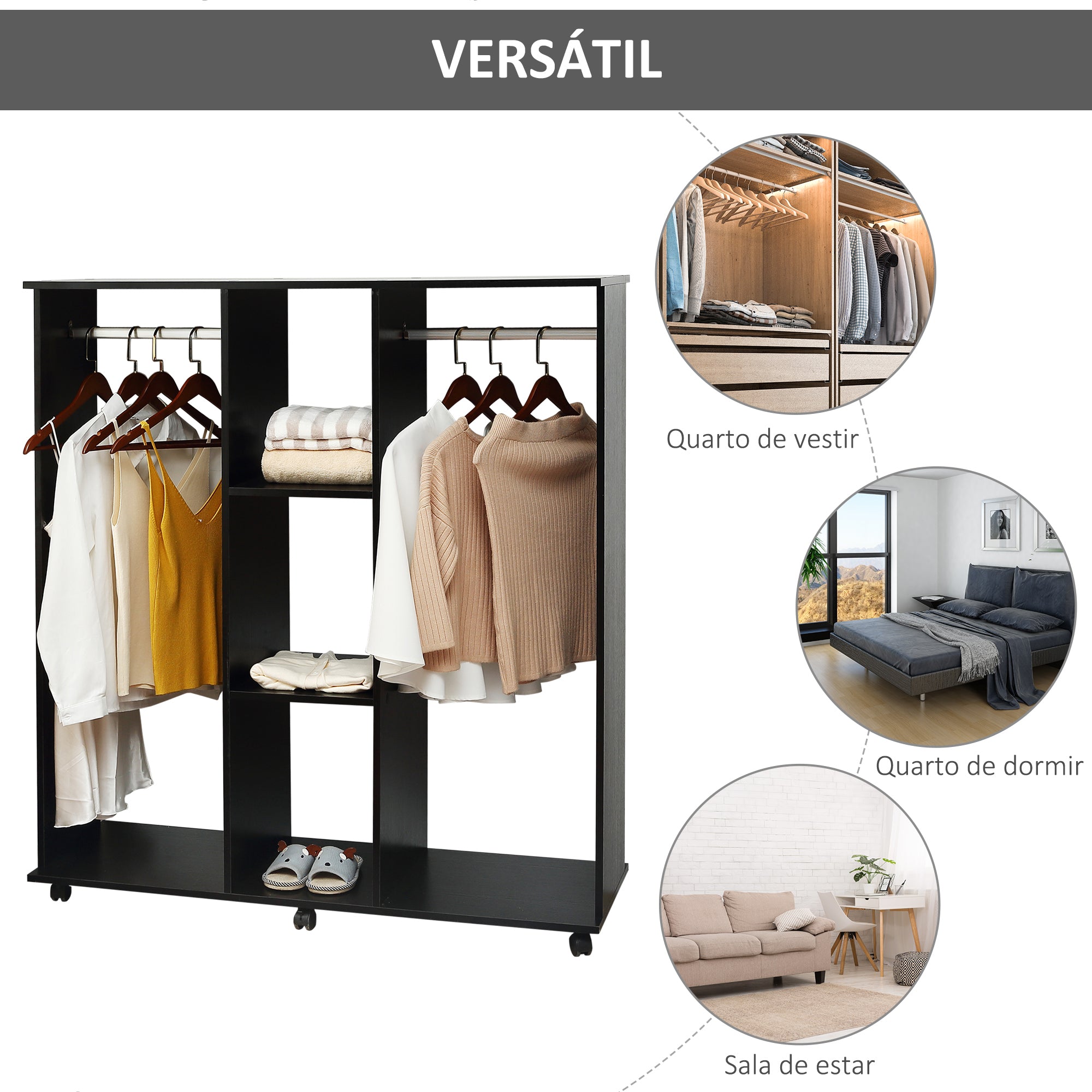 Roupeiro Aberto com 2 Barras - 120x40x128 cm - Preto