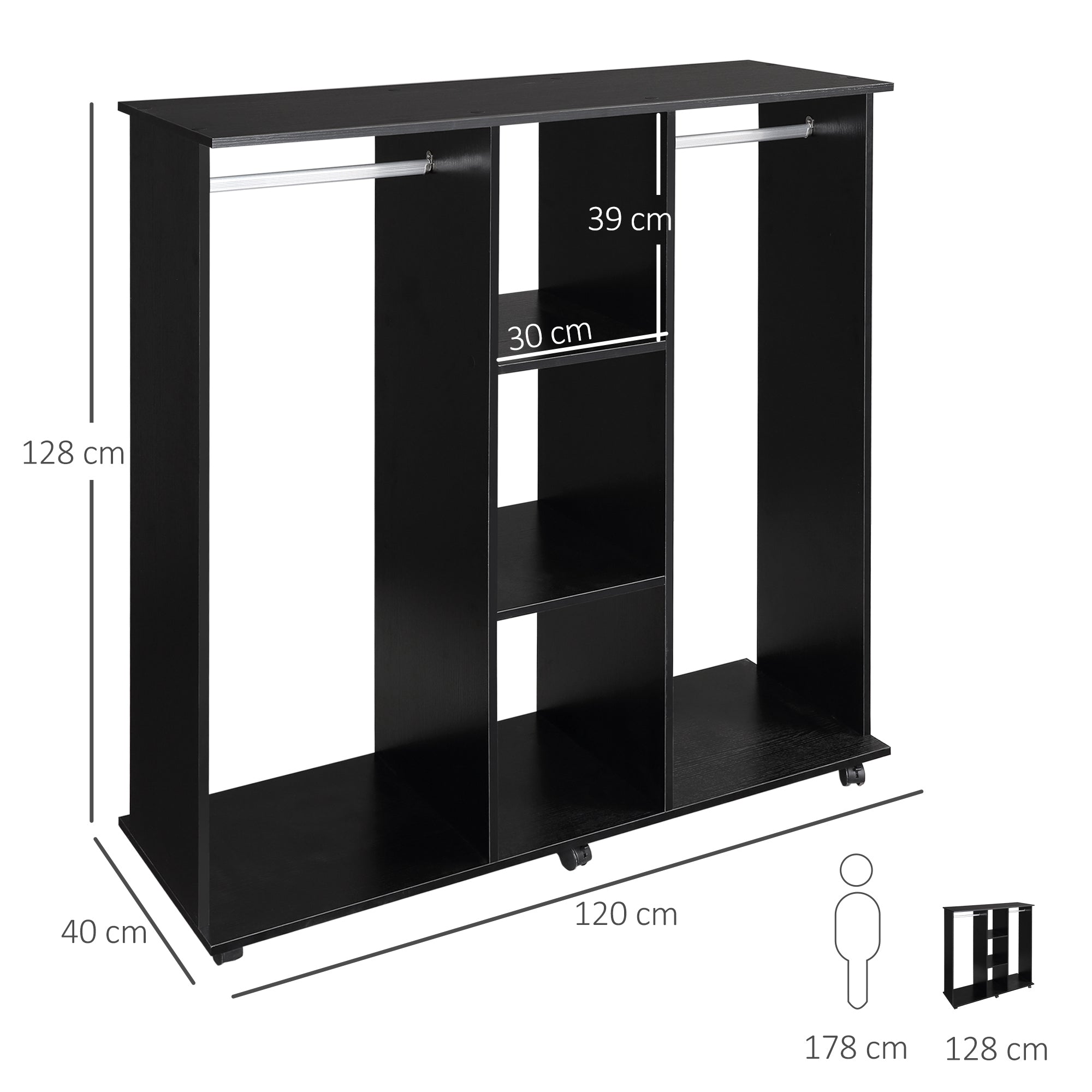 Roupeiro Aberto com 2 Barras - 120x40x128 cm - Preto