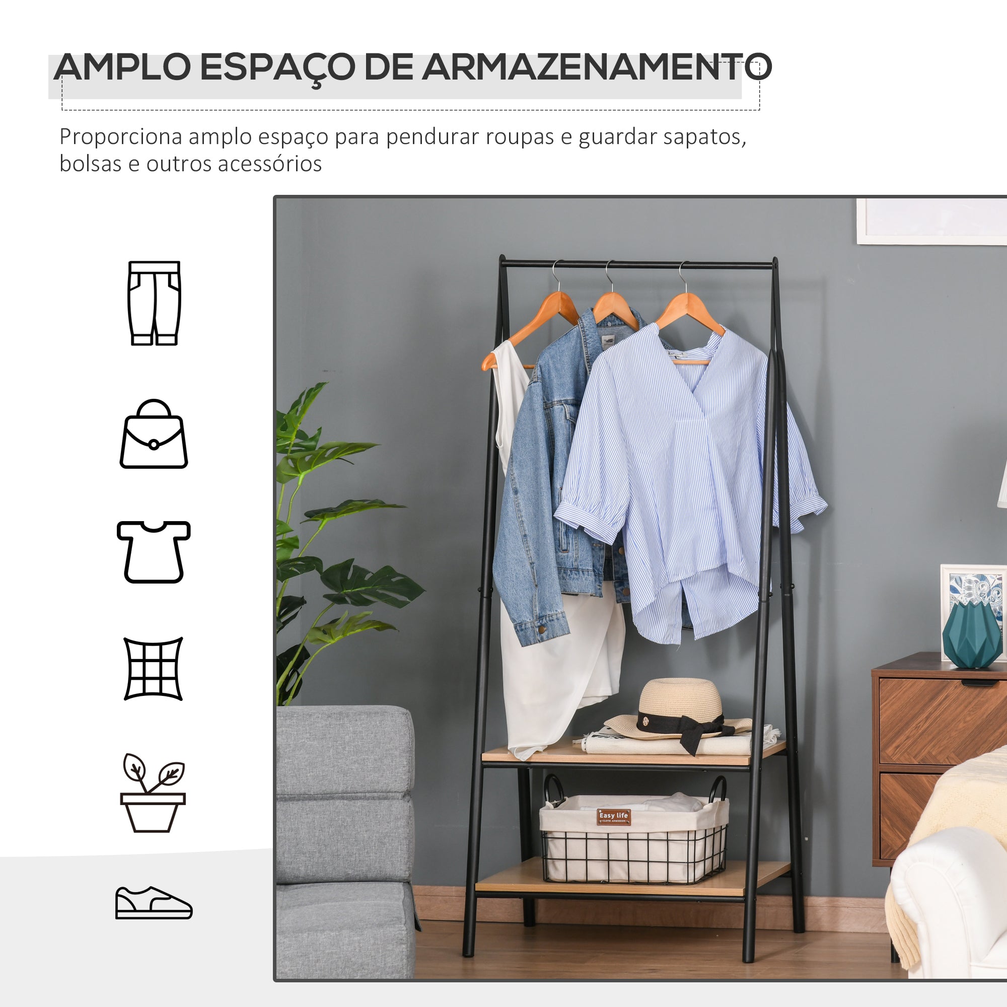 Suporte para Cabides com 2 Prateleiras de Armazenamento - 64x42,5x149 cm - Preto e Madeira