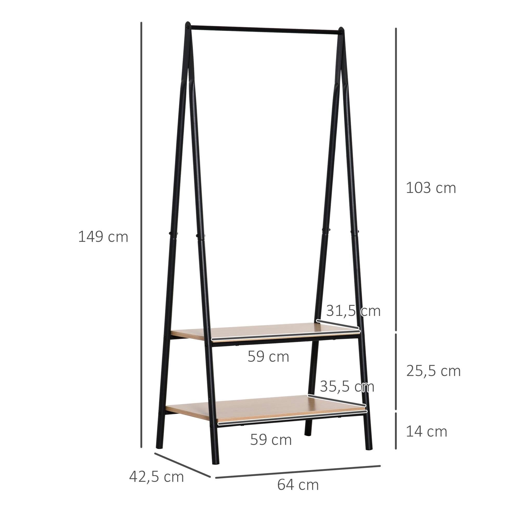 Suporte para Cabides com 2 Prateleiras de Armazenamento - 64x42,5x149 cm - Preto e Madeira