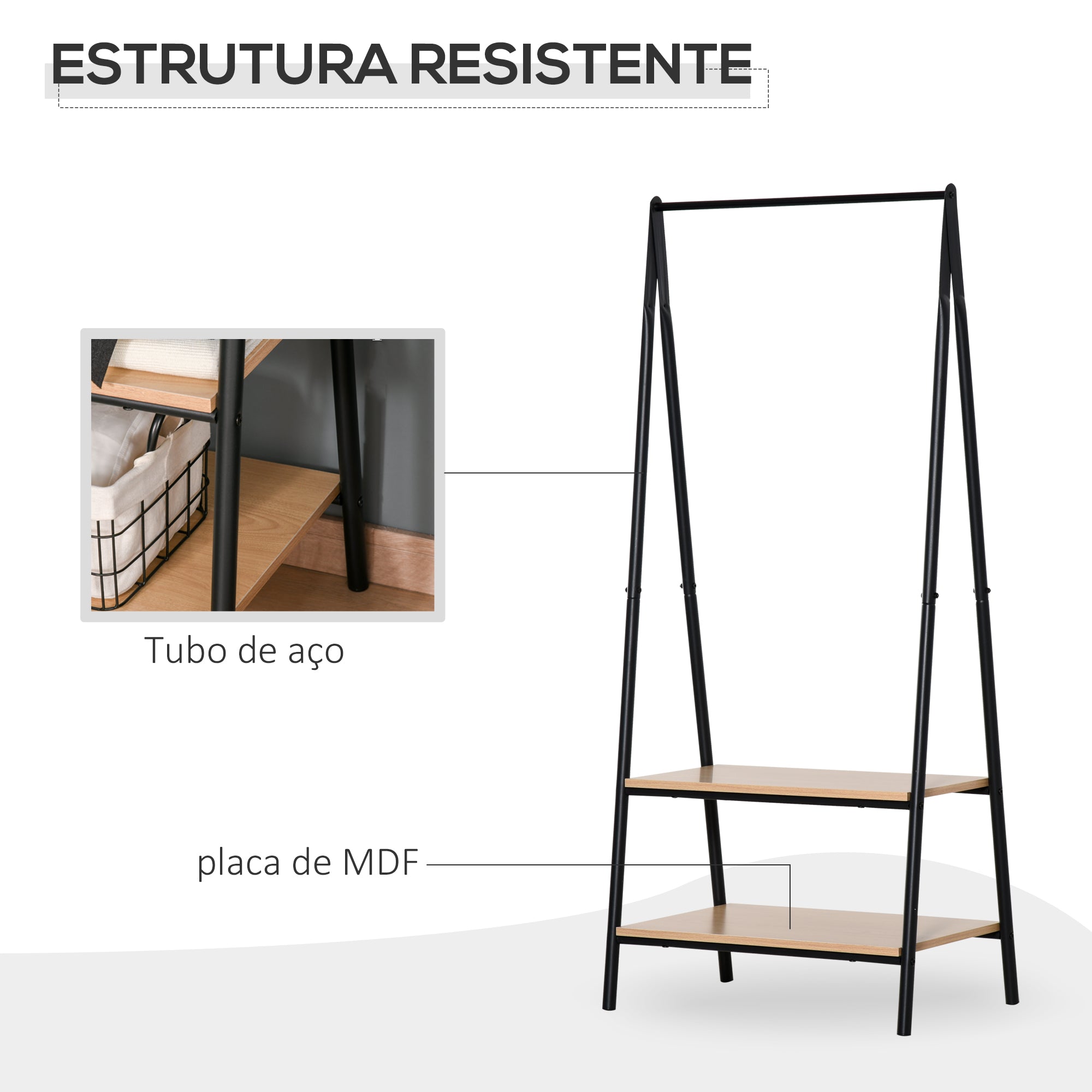Suporte para Cabides com 2 Prateleiras de Armazenamento - 64x42,5x149 cm - Preto e Madeira