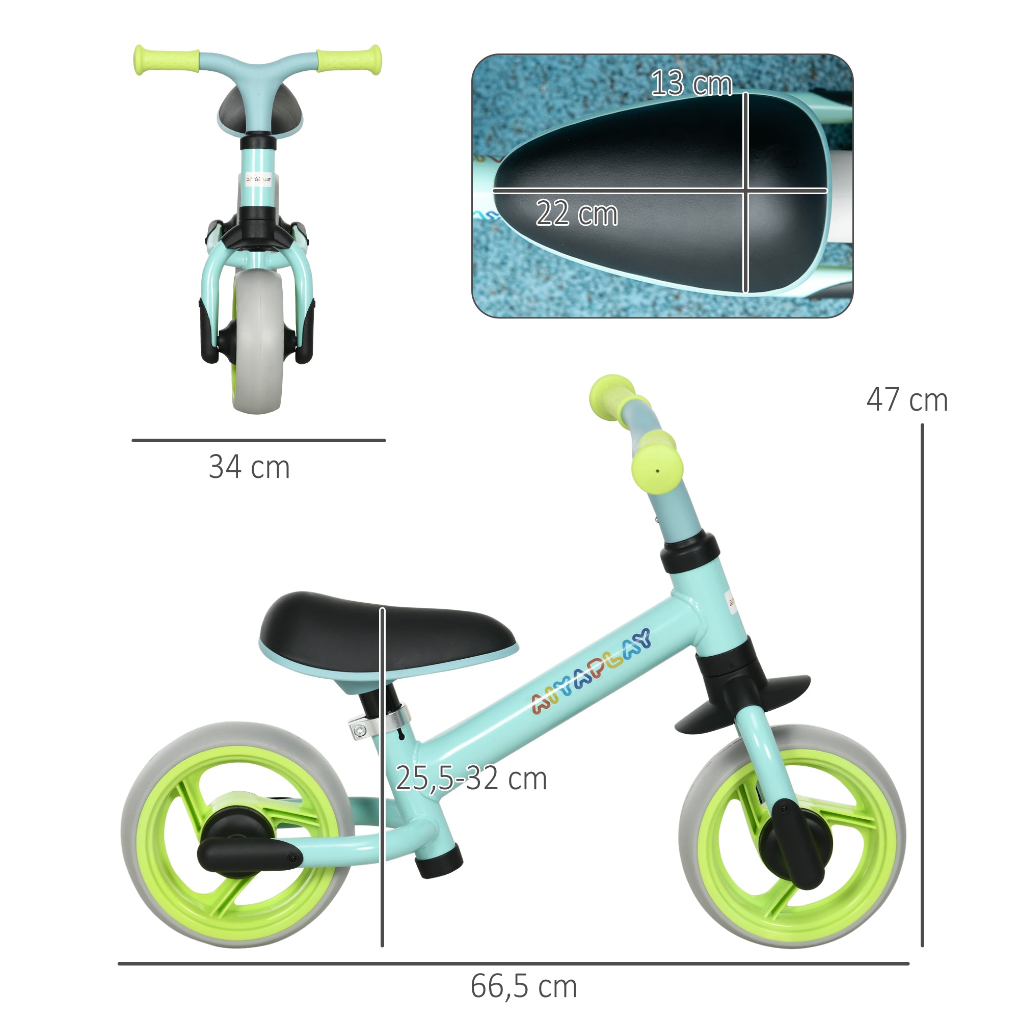Bicicleta de Equilíbrio Verde 66,5x34x47 cm para Crianças de 18-48 Meses