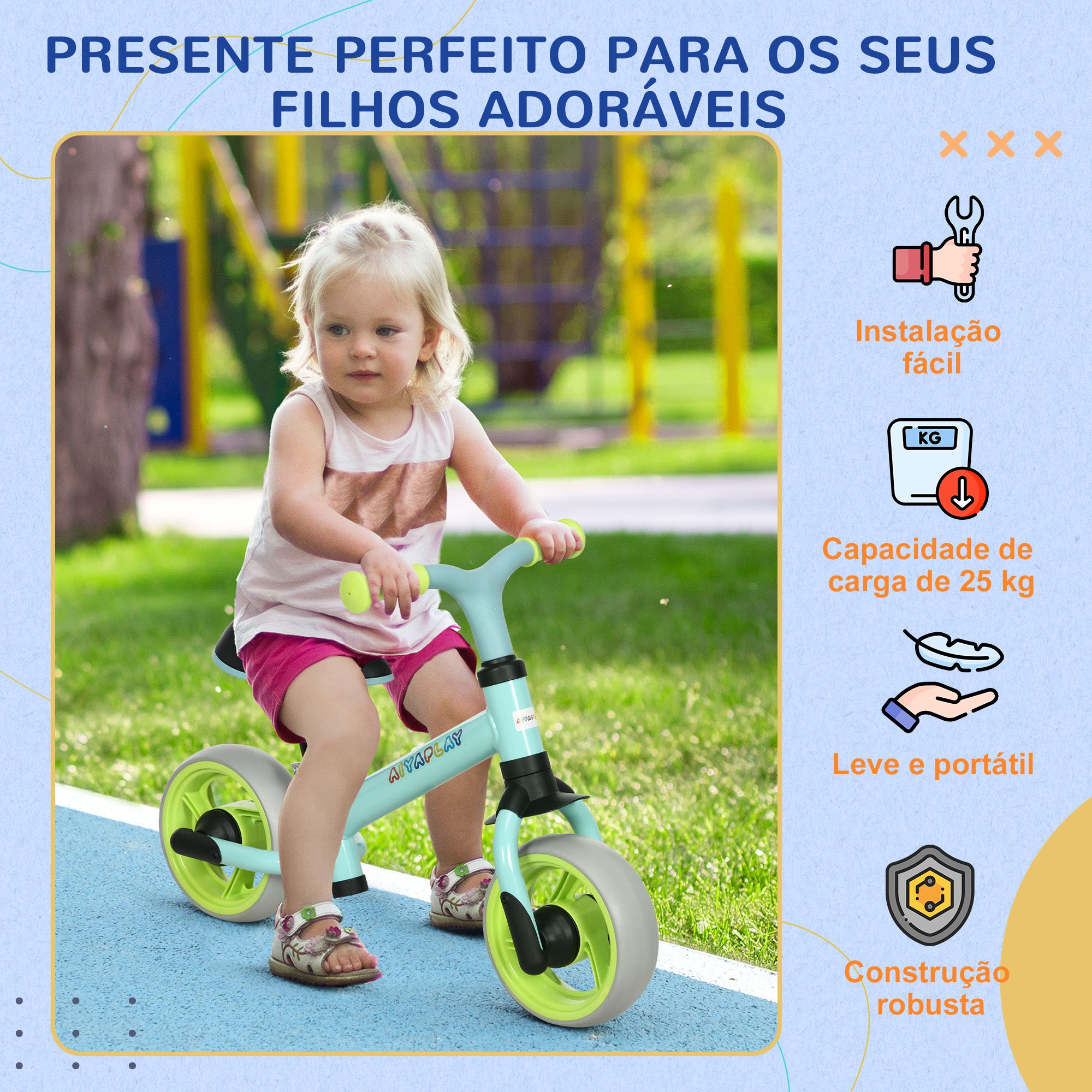 Bicicleta de Equilíbrio Verde 66,5x34x47 cm para Crianças de 18-48 Meses