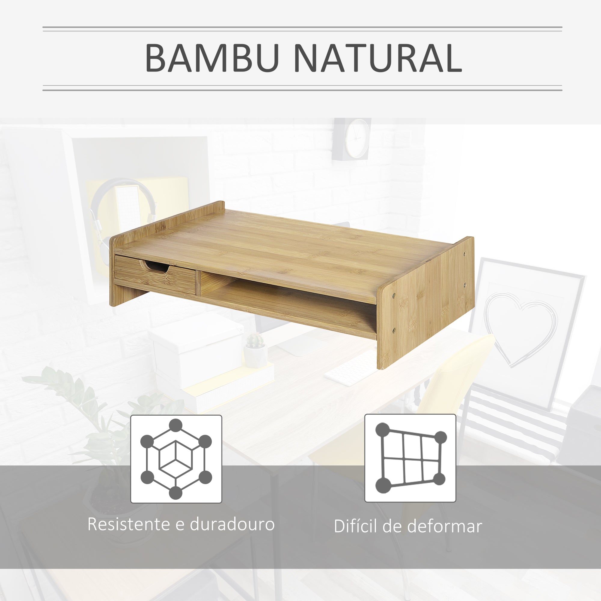 Suporte para Monitor de Bambu 49x25,5x11,5 cm - Cor de Madeira Natural