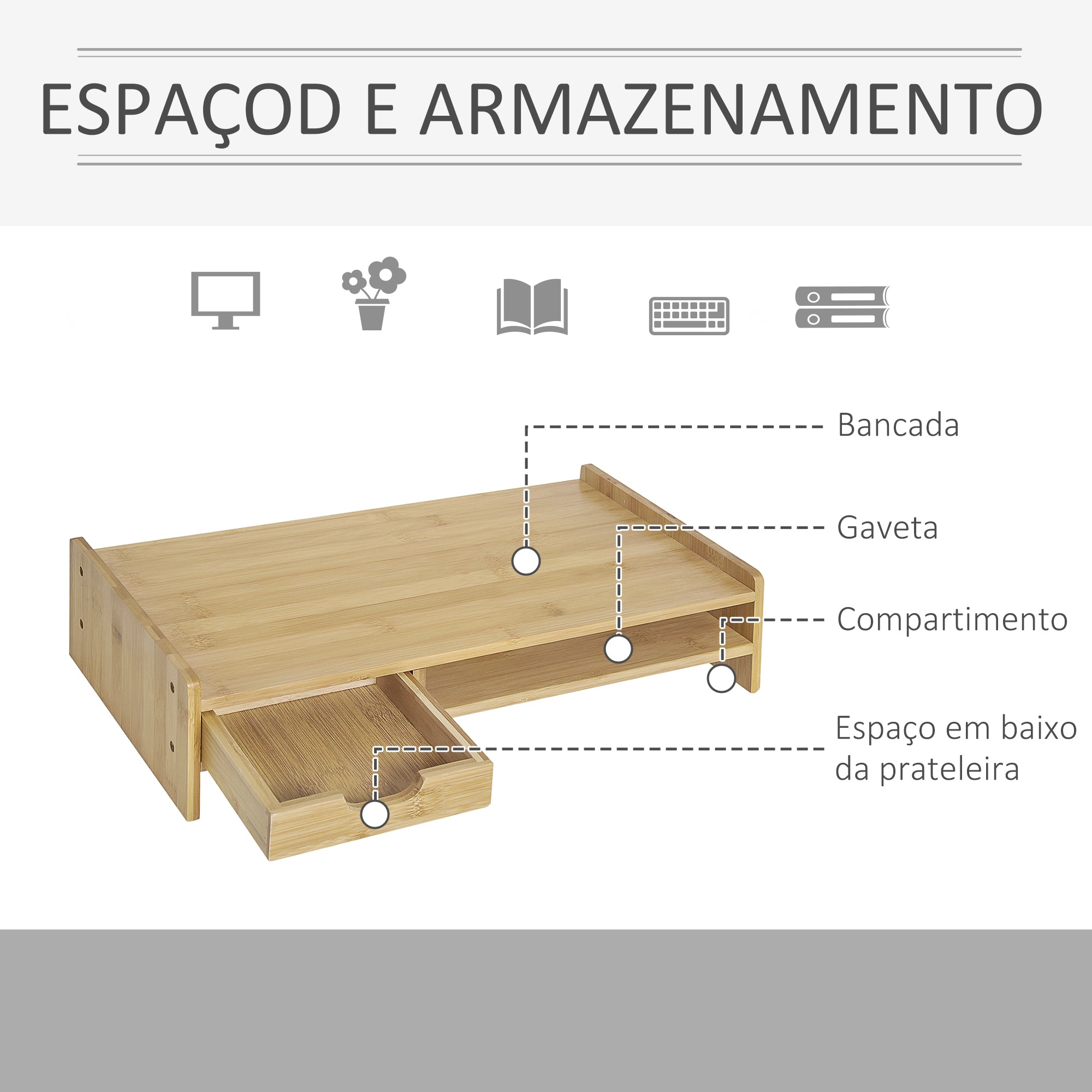 Suporte para Monitor de Bambu 49x25,5x11,5 cm - Cor de Madeira Natural