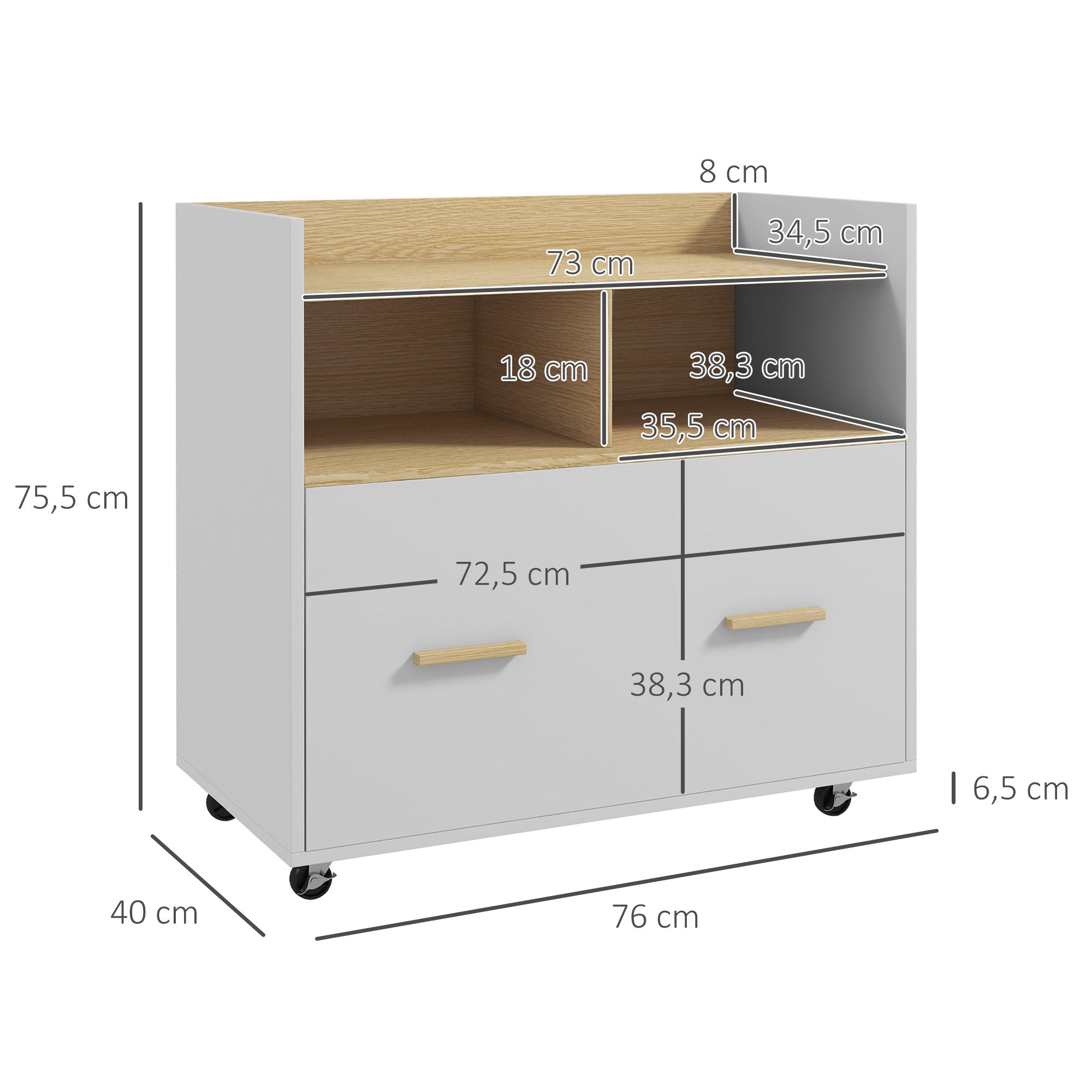 Armário de Escritório com Rodas e Gaveta - 76x40x75,5 cm - Branco e Madeira