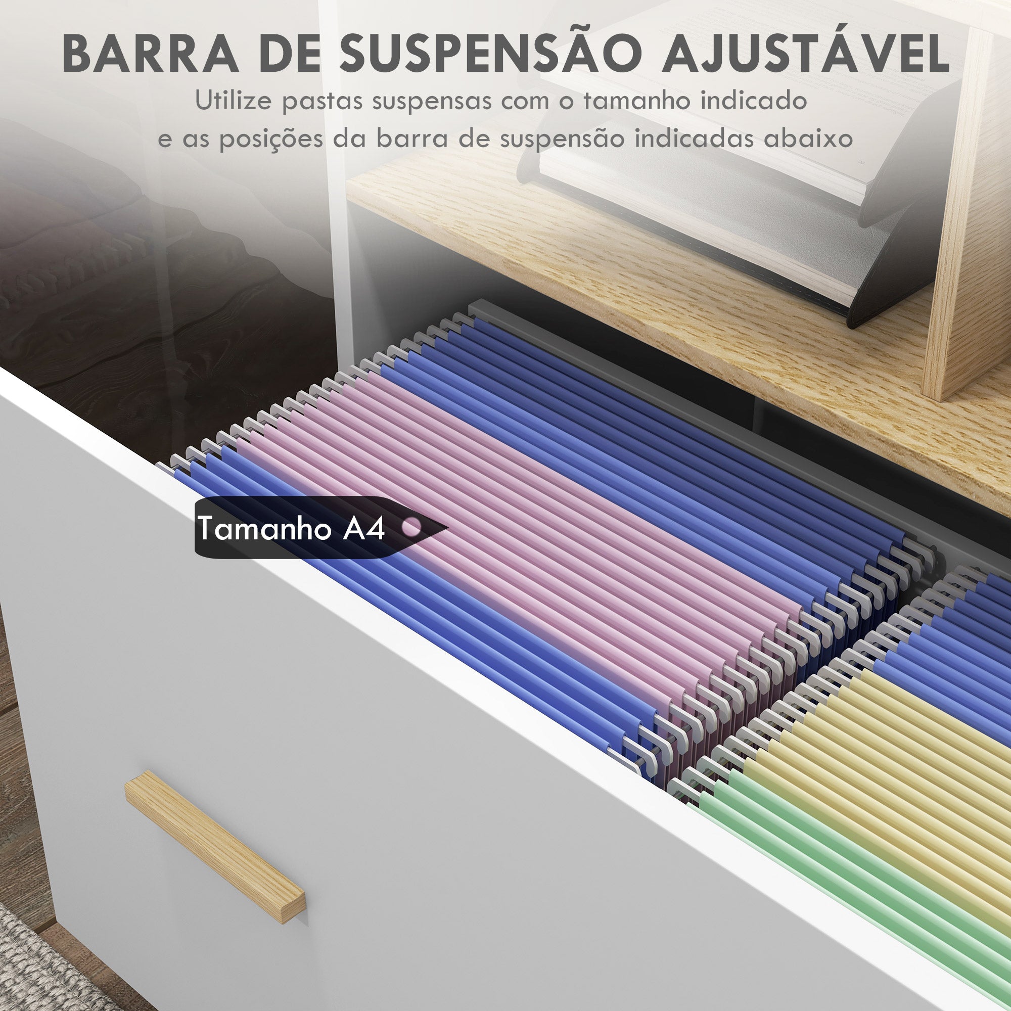 Armário de Escritório com Rodas e Gaveta - 76x40x75,5 cm - Branco e Madeira