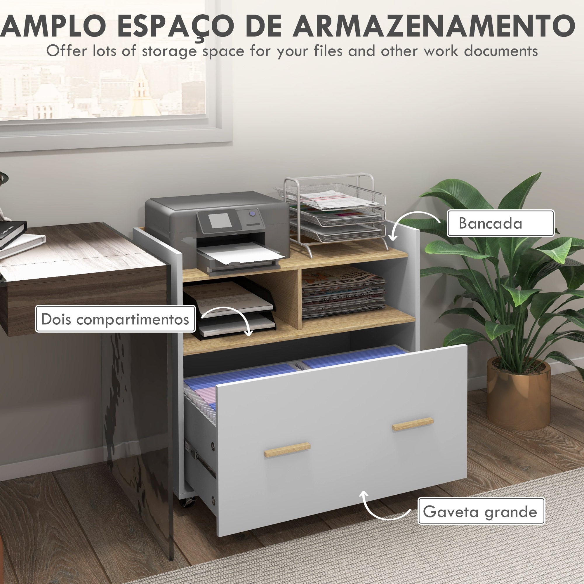 Armário de Escritório com Rodas e Gaveta - 76x40x75,5 cm - Branco e Madeira