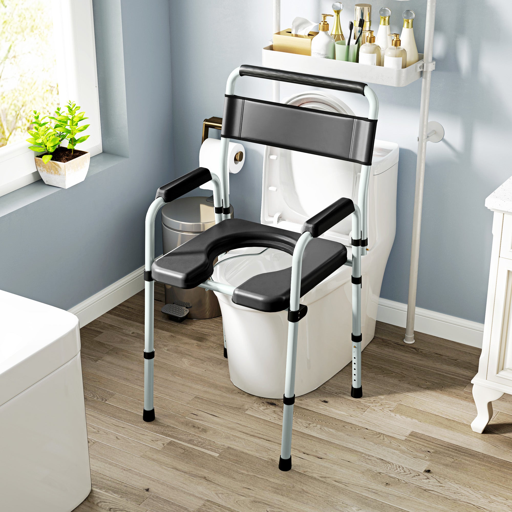 Cadeira Sanitária Dobrável – 52,5x46x81,5-97 cm – Preto – Aço, Plástico e Couro PU