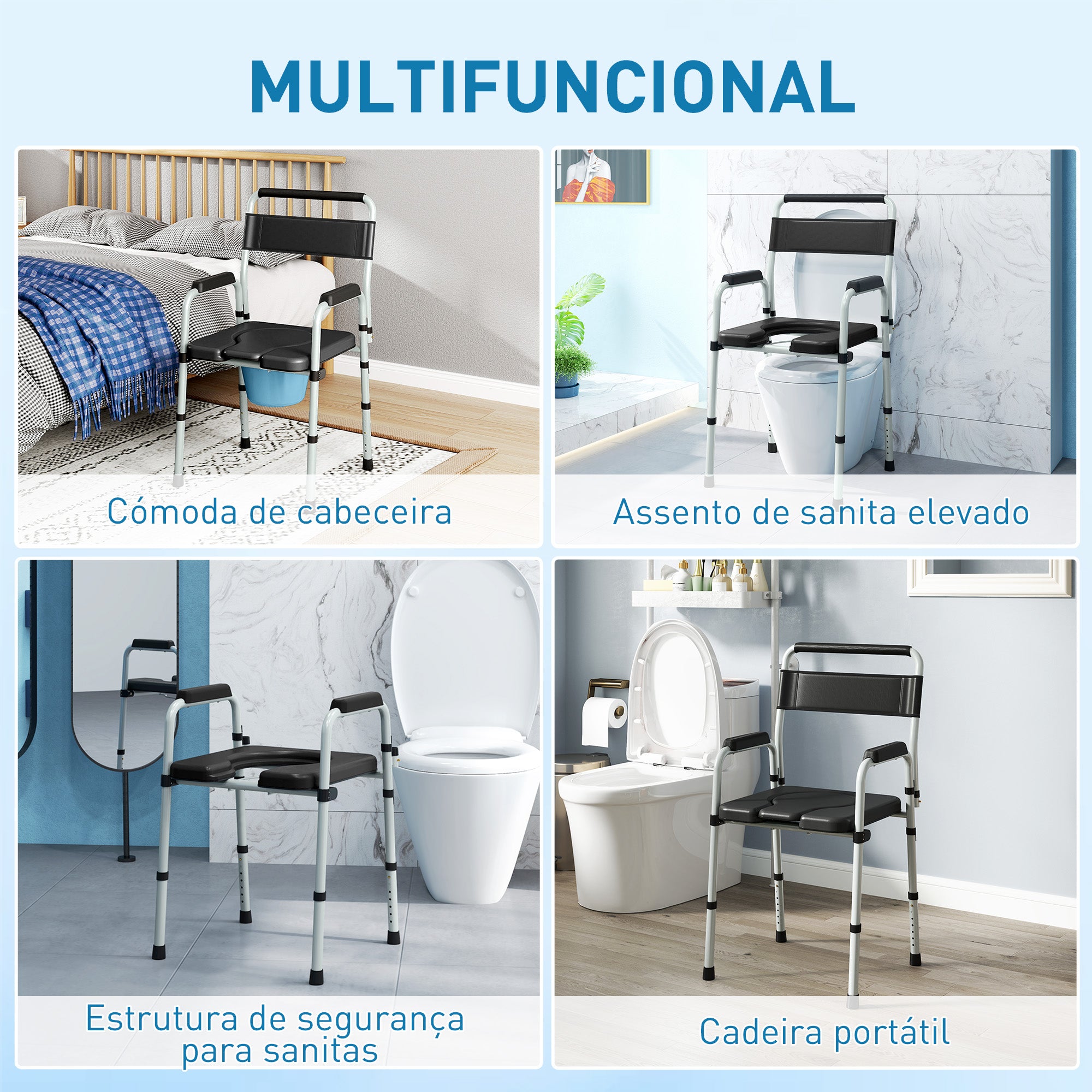 Cadeira Sanitária Dobrável – 52,5x46x81,5-97 cm – Preto – Aço, Plástico e Couro PU