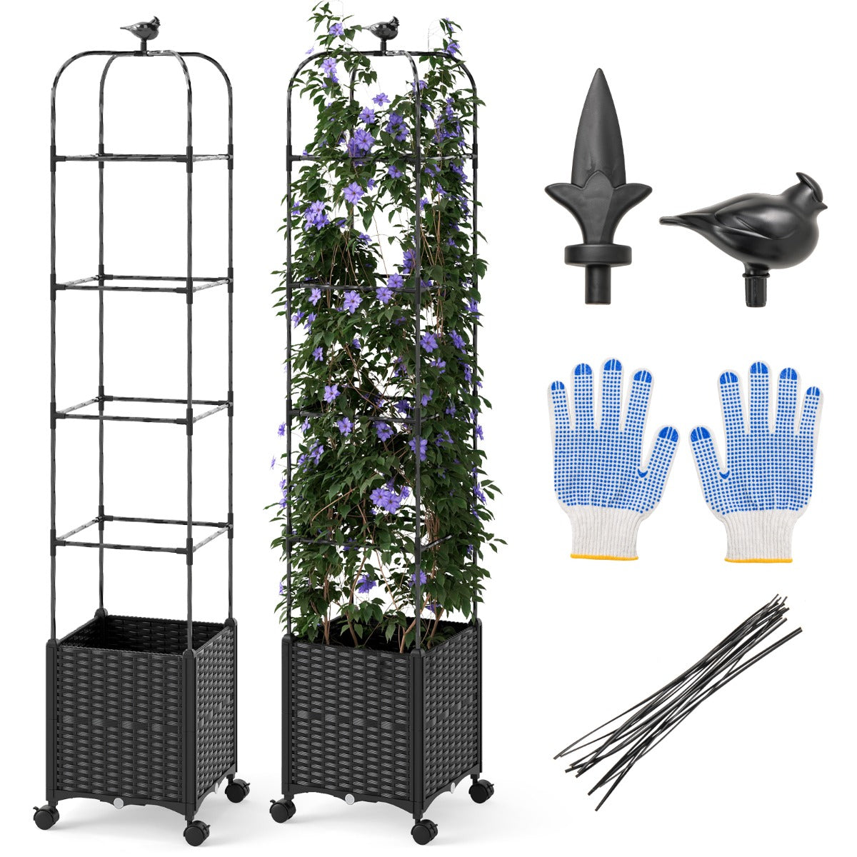 Jardinera com Treliça de Obelisco Vertical Floreira Móvel com 4 Rodas Bloqueáveis Treliça Ajustável em Altura