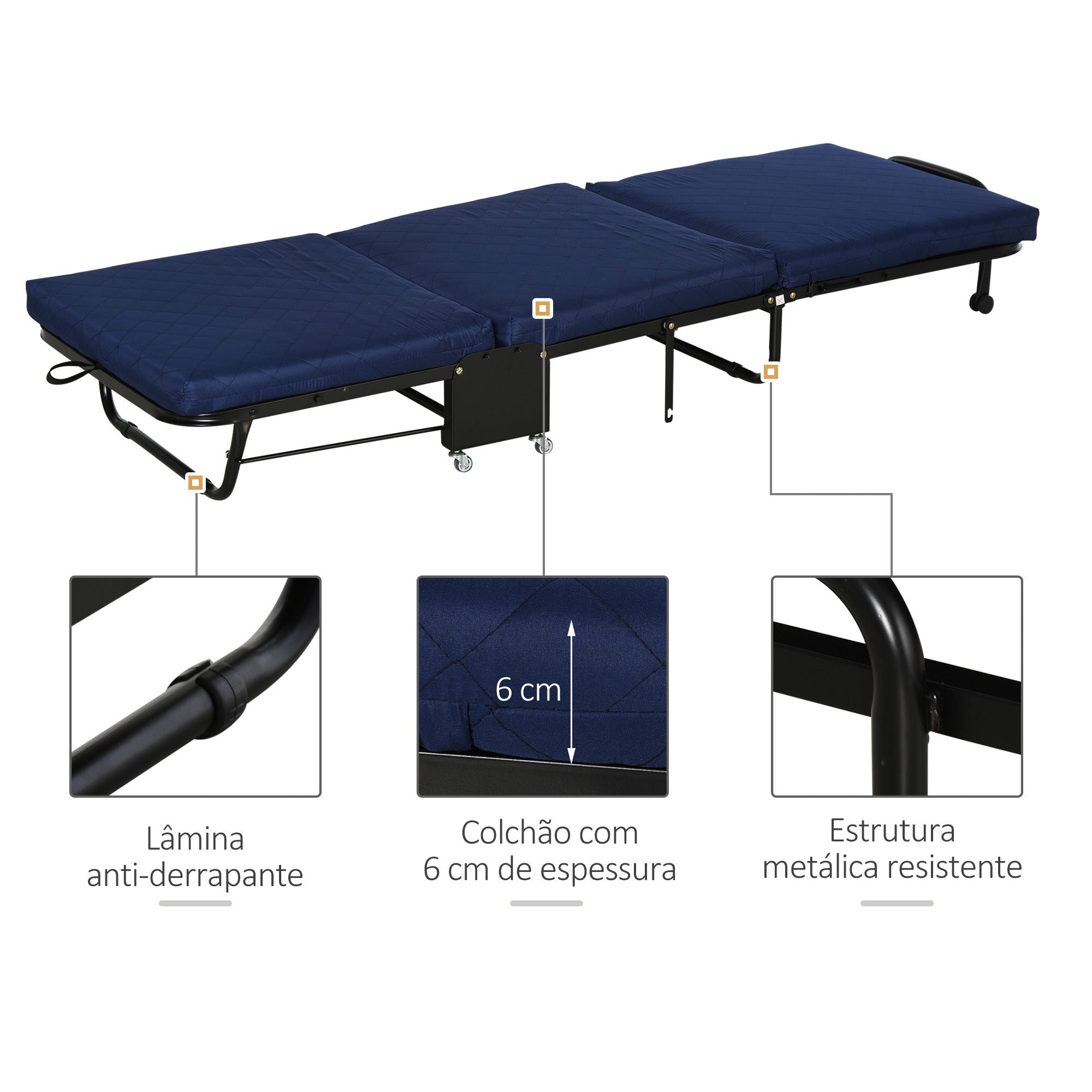 Cama Dobrável Azul 184x65 cm Ajustável em 5 Níveis
