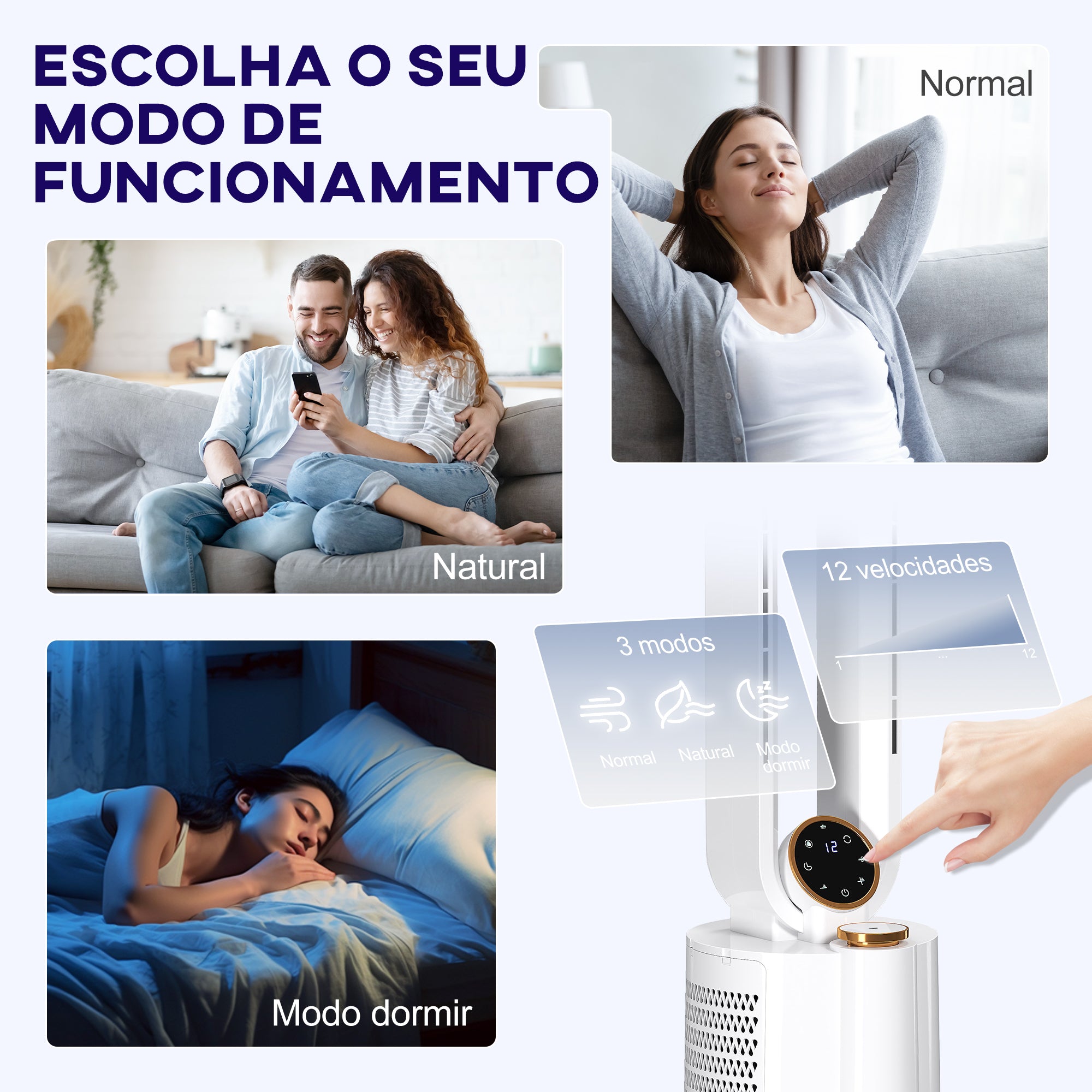 Ventoinha de Torre sem Lâminas UV 12 Velocidades 24x26,5x97 cm Branco
