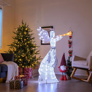 Anjo de Natal de 156 cm com Trombeta para Exterior Pré-iluminado com Halo, Asas e 100 Luzes LED Estacas e Bridas - Decoração Natalícia