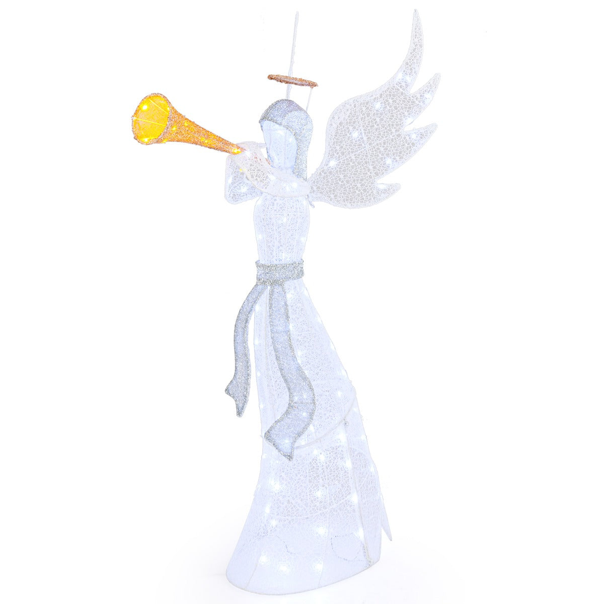 Anjo de Natal de 156 cm com Trombeta para Exterior Pré-iluminado com Halo, Asas e 100 Luzes LED Estacas e Bridas - Decoração Natalícia