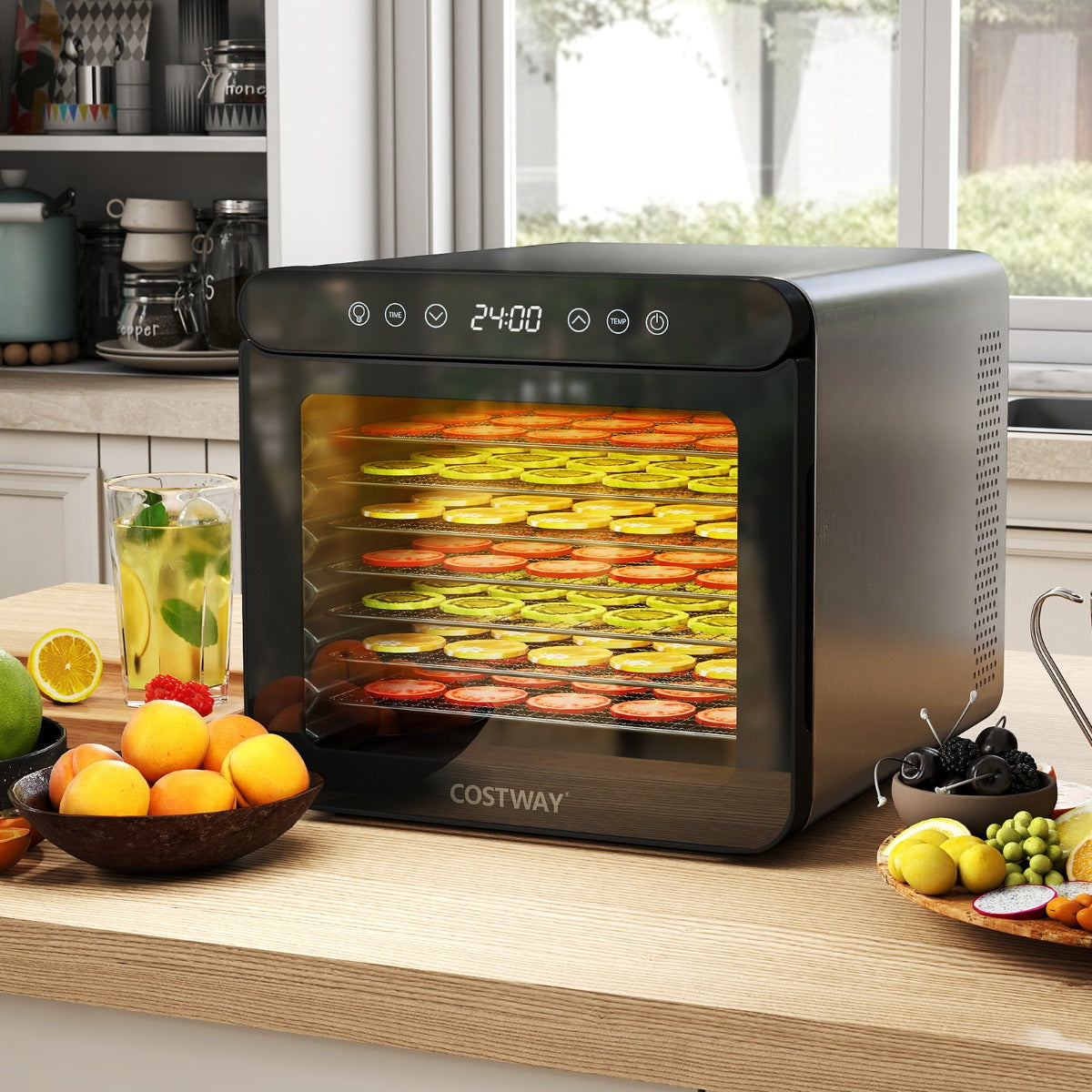 Desidratador de Alimentos com Temperatura Ajustável de 30℃-75℃ e 7 Bandejas de Aço Inoxidável para Carne e Frutas