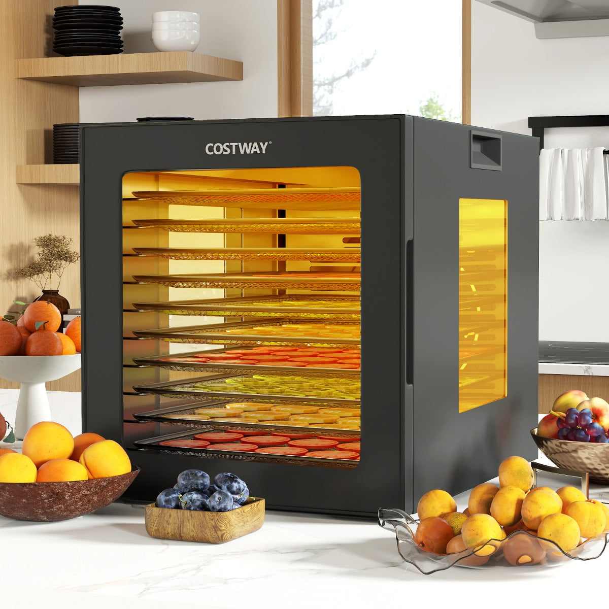 Desidratador de Alimentos com Bandejas de Aço Inoxidável Secador de Alimentos com Ecrã LED Temperatura 35-75℃ e Temporizador