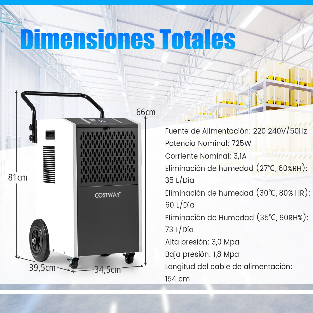 Desumidificador Comercial de 73 L/dia com Tubo de Drenagem e Temporizador até 695 ㎡-Branco