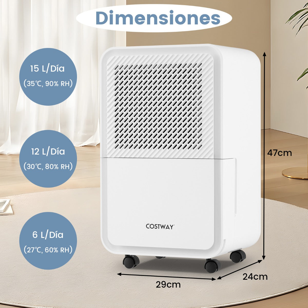 Desumidificador de 15 L/dia para Casa 20㎡ com 4 Modos Temporizador de 24H e Ecrã LED Drenagem Contínua ou Manual