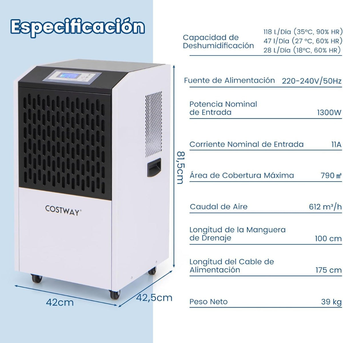 Desumidificador Comercial Portátil Industrial com 4 Rodas Grande Capacidade de Desumidificação de 118L/Dia Temporizador Branco