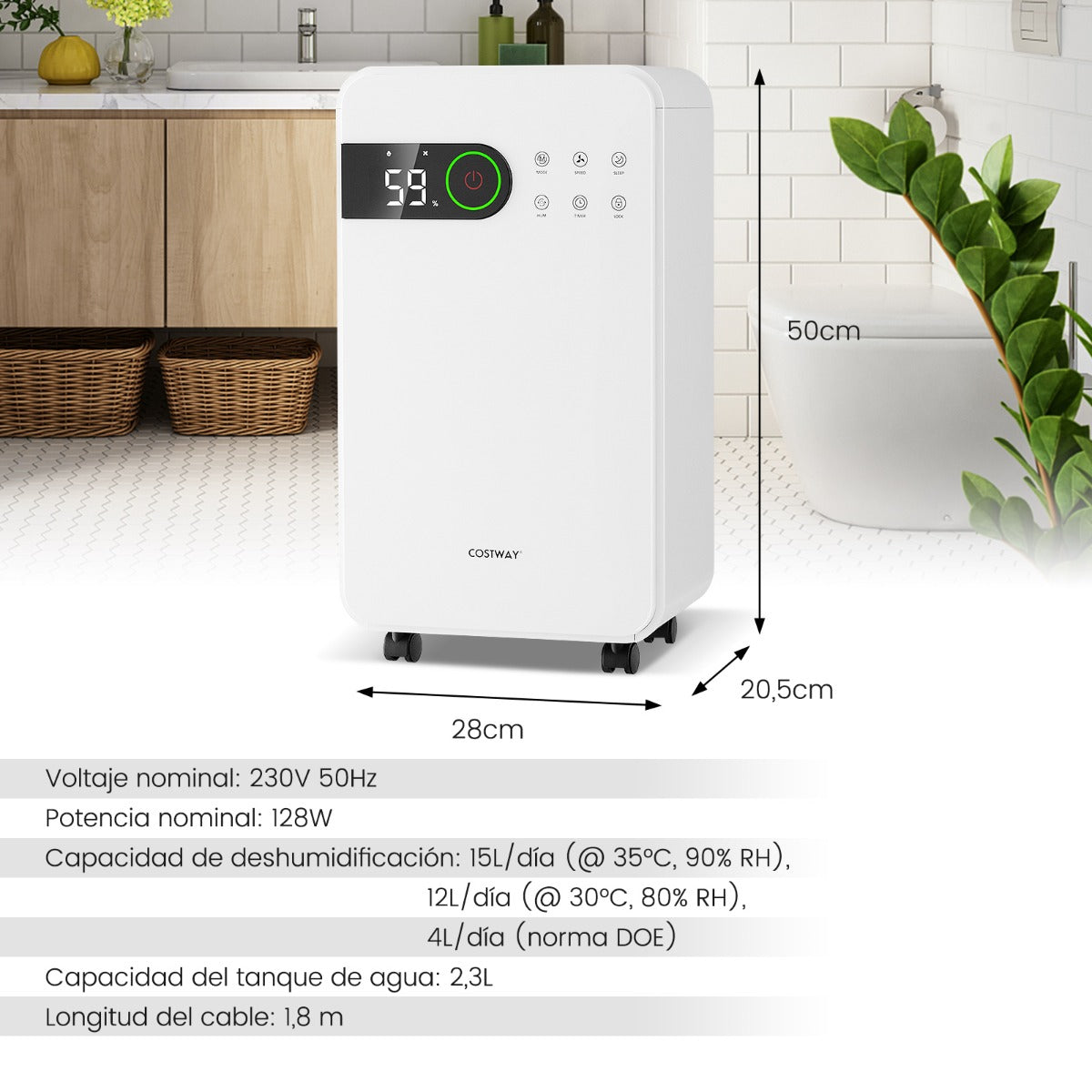 Desumidificador de Ar Portátil e Silencioso 15 L com Temporizador Modo de Sono e Indicador LED 28 x 20,5 x 50 cm Branco