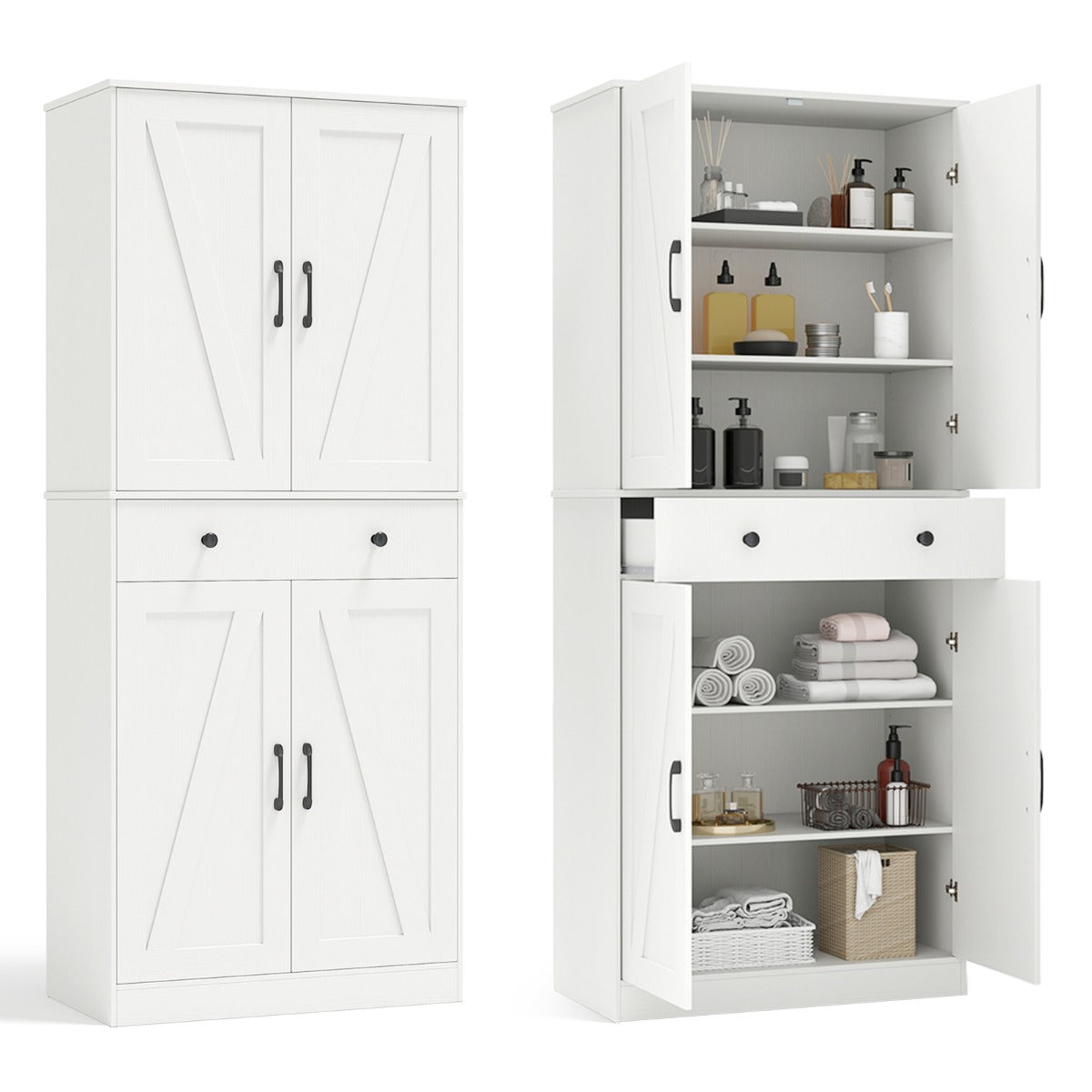 Despensa de Cozinha Armário Moderno de Celeiro com 4 Portas Gaveta e 3 Prateleiras Ajustáveis 77 x 39 x 183 cm Branco