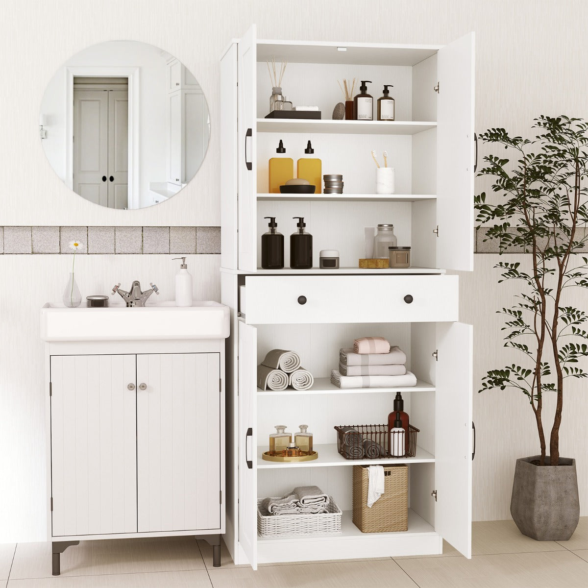 Despensa de Cozinha Armário Moderno de Celeiro com 4 Portas Gaveta e 3 Prateleiras Ajustáveis 77 x 39 x 183 cm Branco