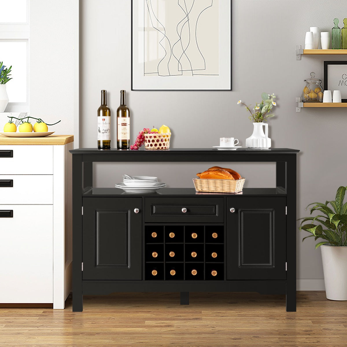 Aparador de Cozinha com Garrafeira e 2 Armários para Sala de Jantar 117 x 40,5 x 82,5 cm Preto