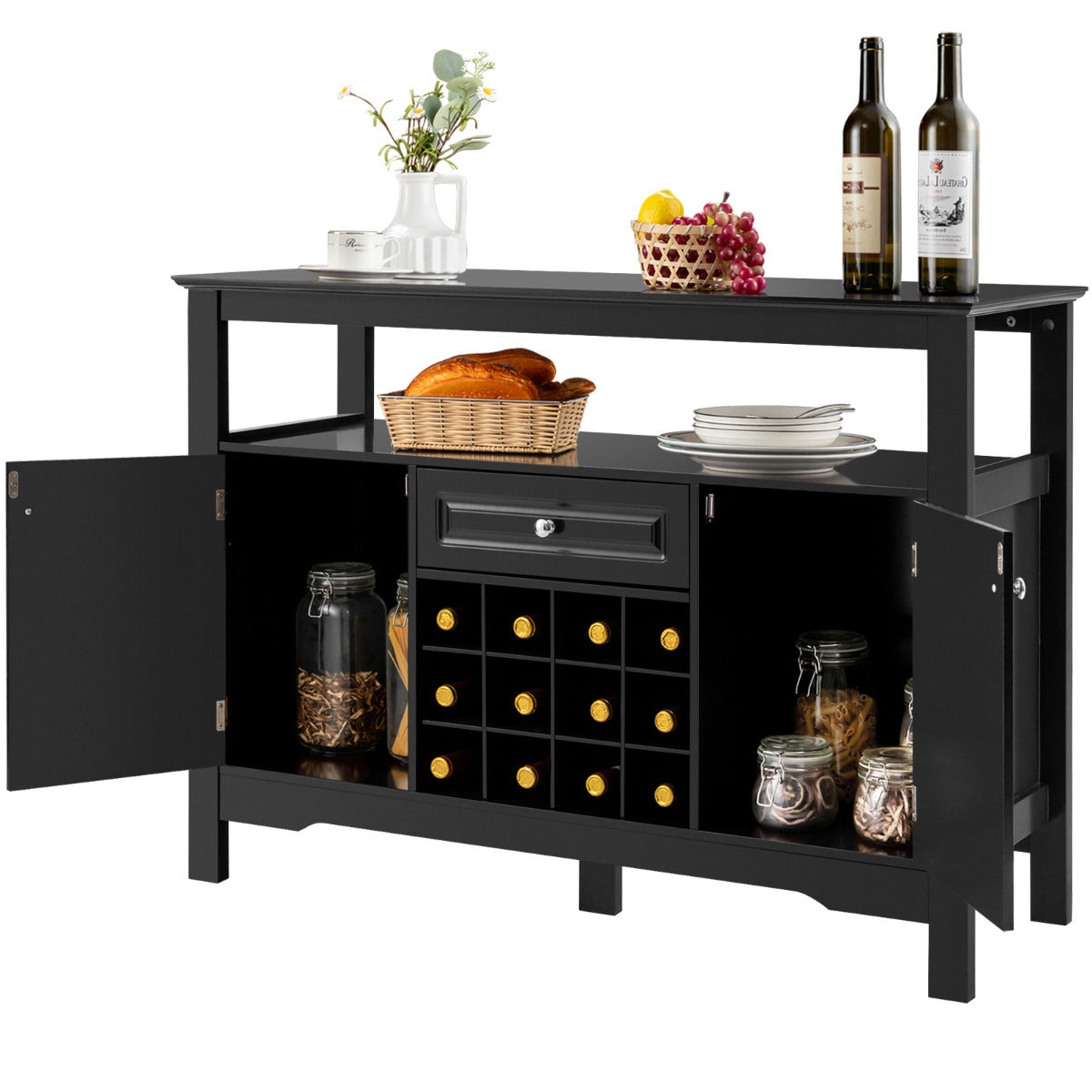 Aparador de Cozinha com Garrafeira e 2 Armários para Sala de Jantar 117 x 40,5 x 82,5 cm Preto