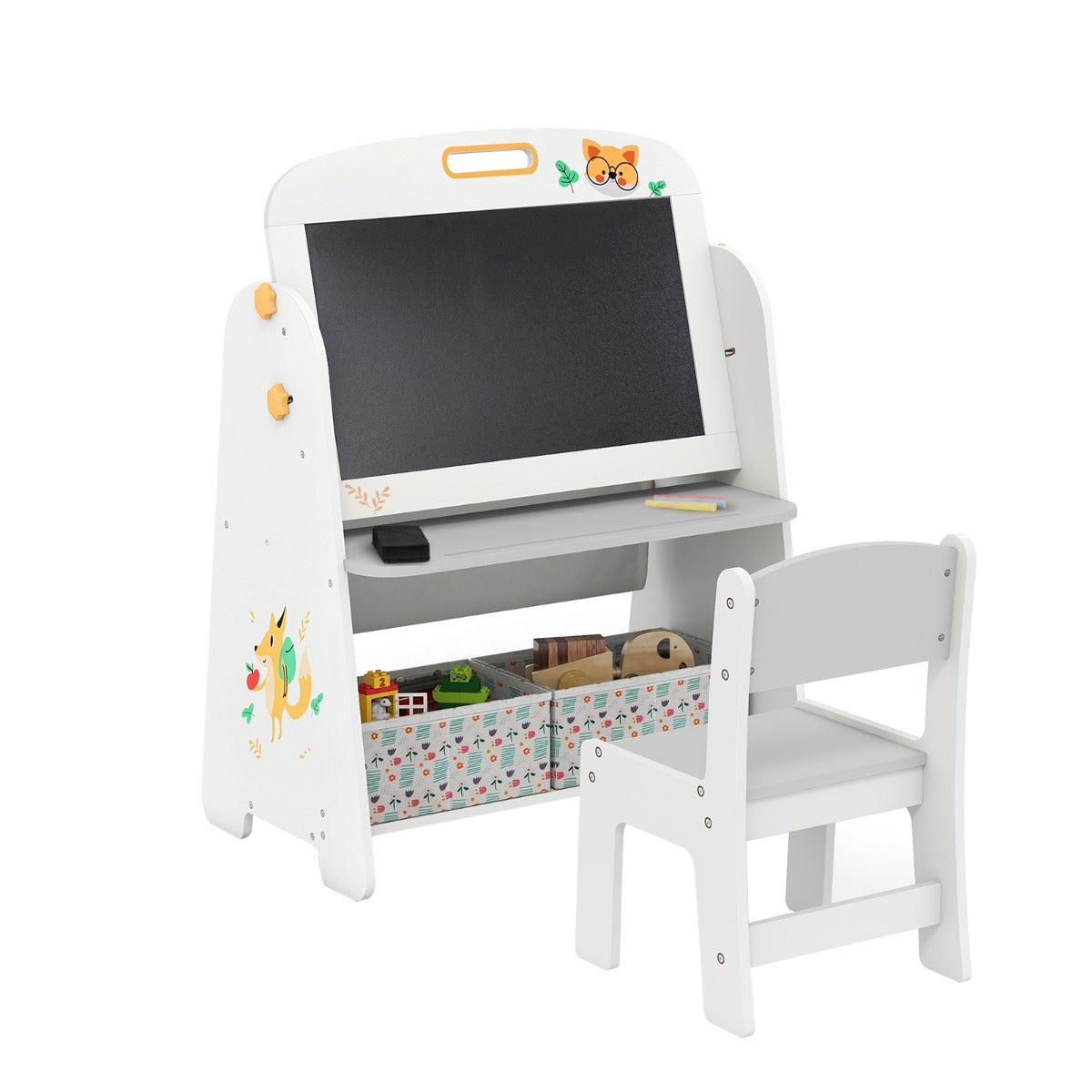 Conjunto de Mesa e Cadeira para Crianças com Quadro Branco Magnético e Quadro de Giz 2 Caixas de Tecido Dobráveis para Pintar e Brincar Cinzento