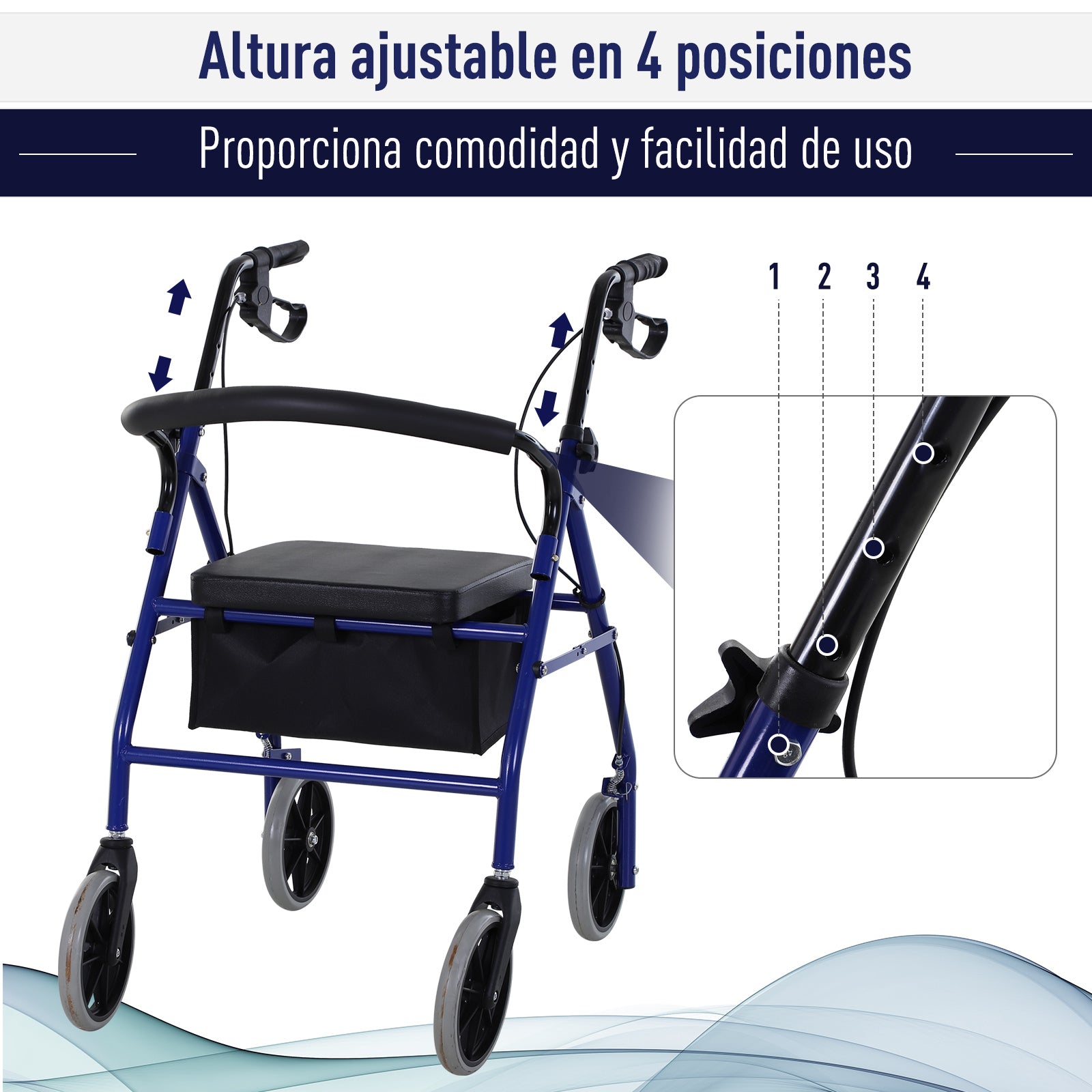 Andador Dobrável com Assento e Travão 65x53x79-89cm - Azul e Preto